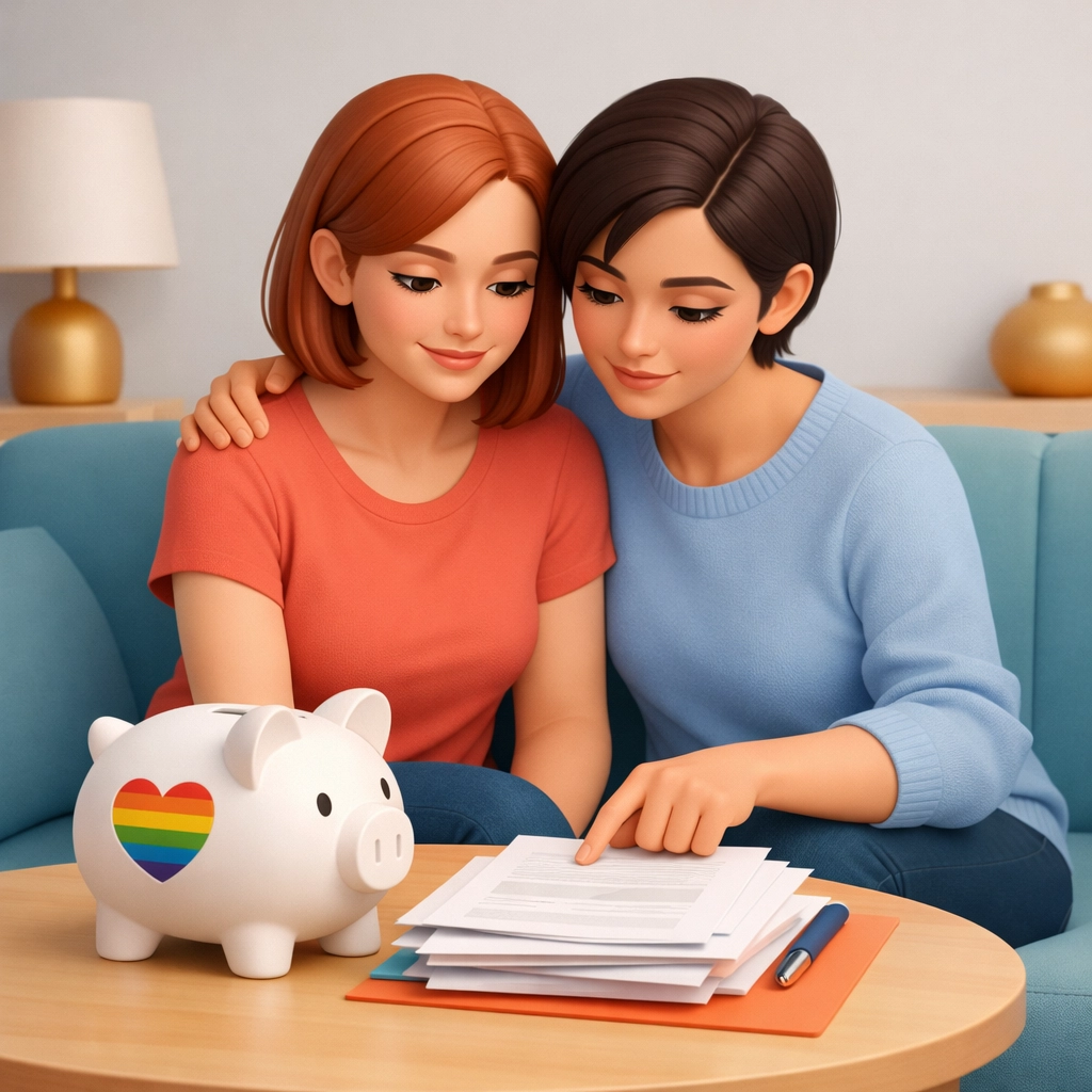 A lesbian couple reviewing important tax documents and financial papers together on a living room sofa.