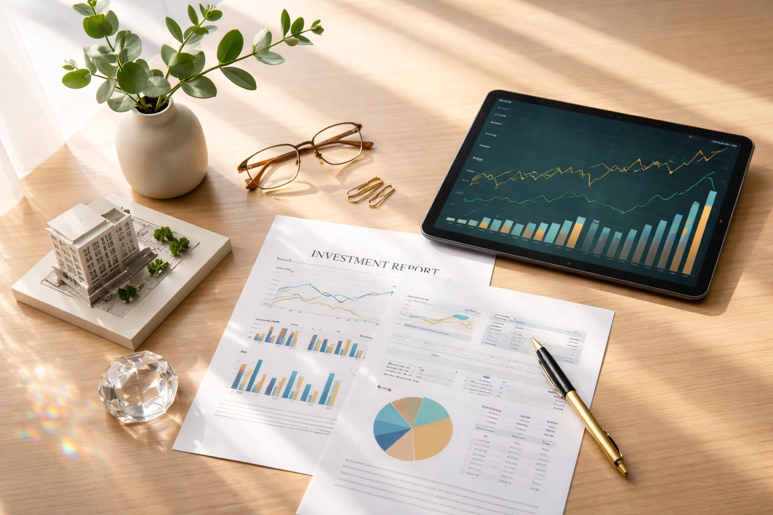 Modern desk with investment documents and upward graphs illustrating smart portfolio planning and alternative investments