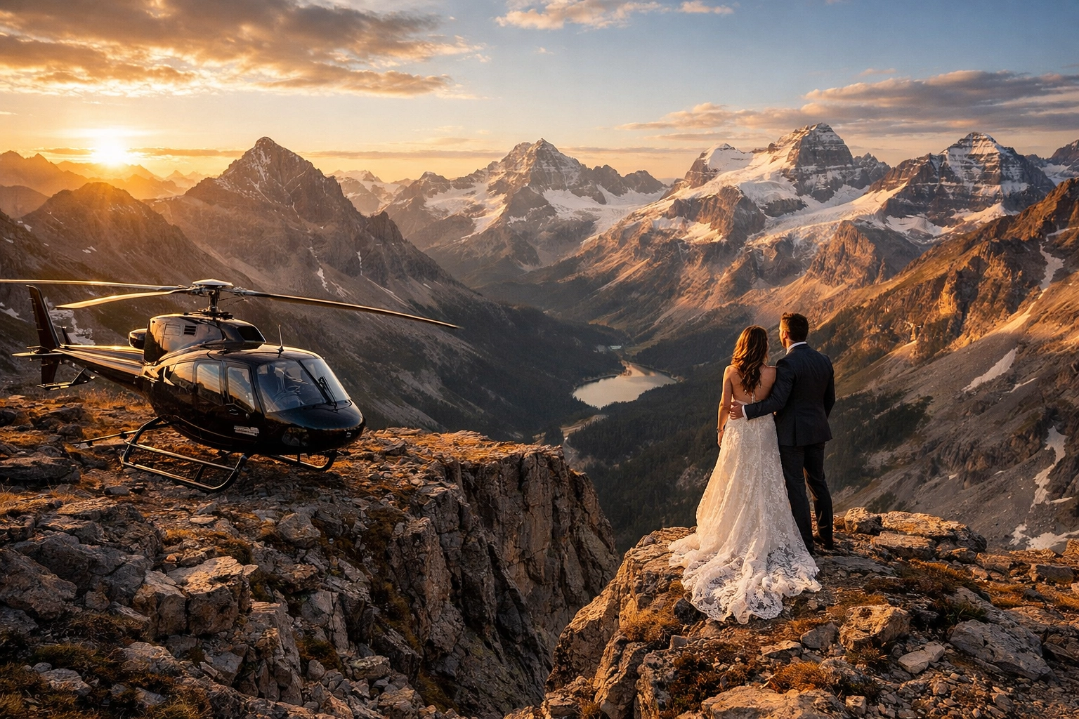 Bride and groom at a secluded helicopter wedding landing in the Canadian Rockies near Banff.