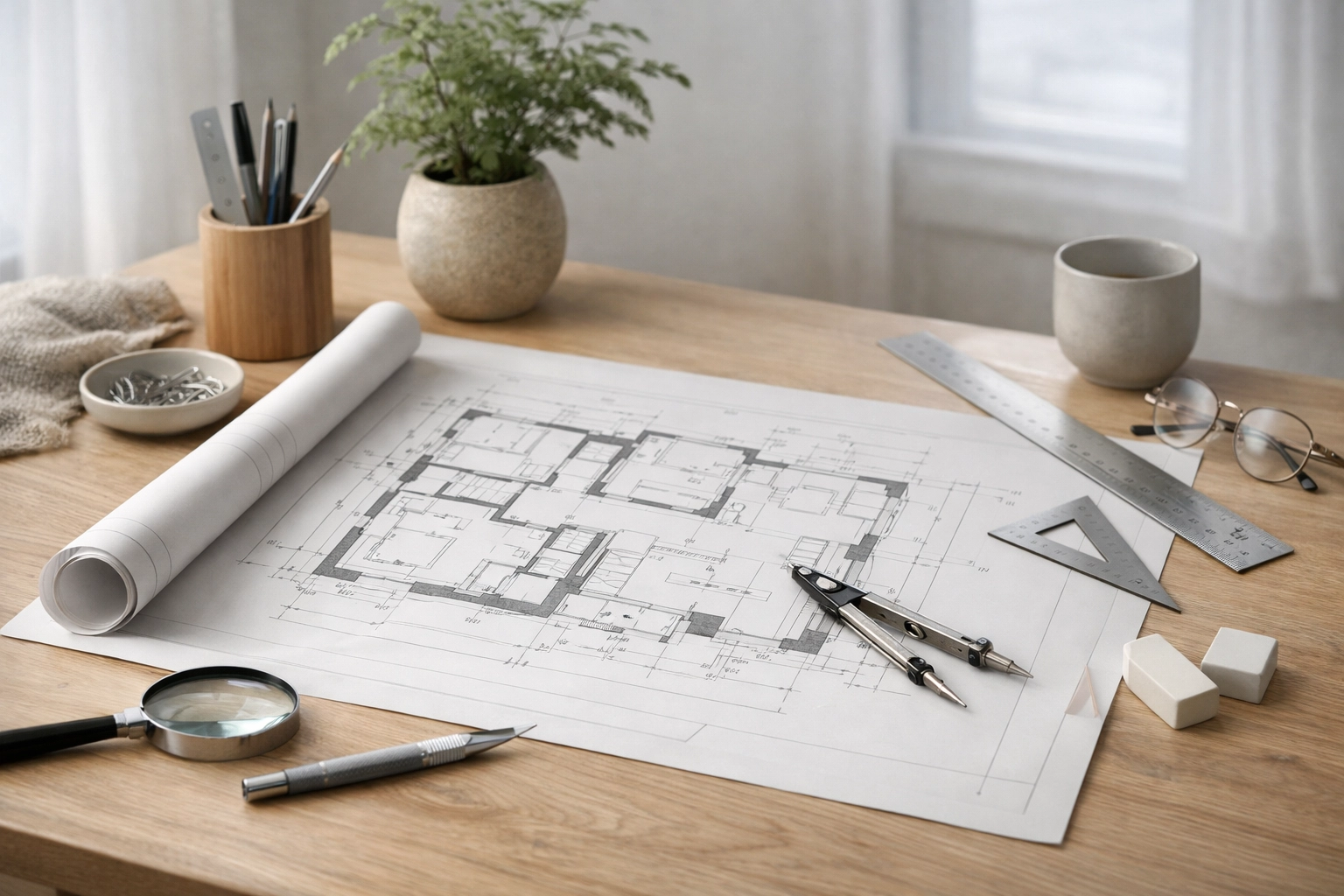 Architectural blueprint and drafting tools on a clean professional boho desk in soft diffused indoor daylight, symbolizing designing a new life | ALT: Divorce lawyers in Fredericksburg VA and architect of your future planning a new life blueprint