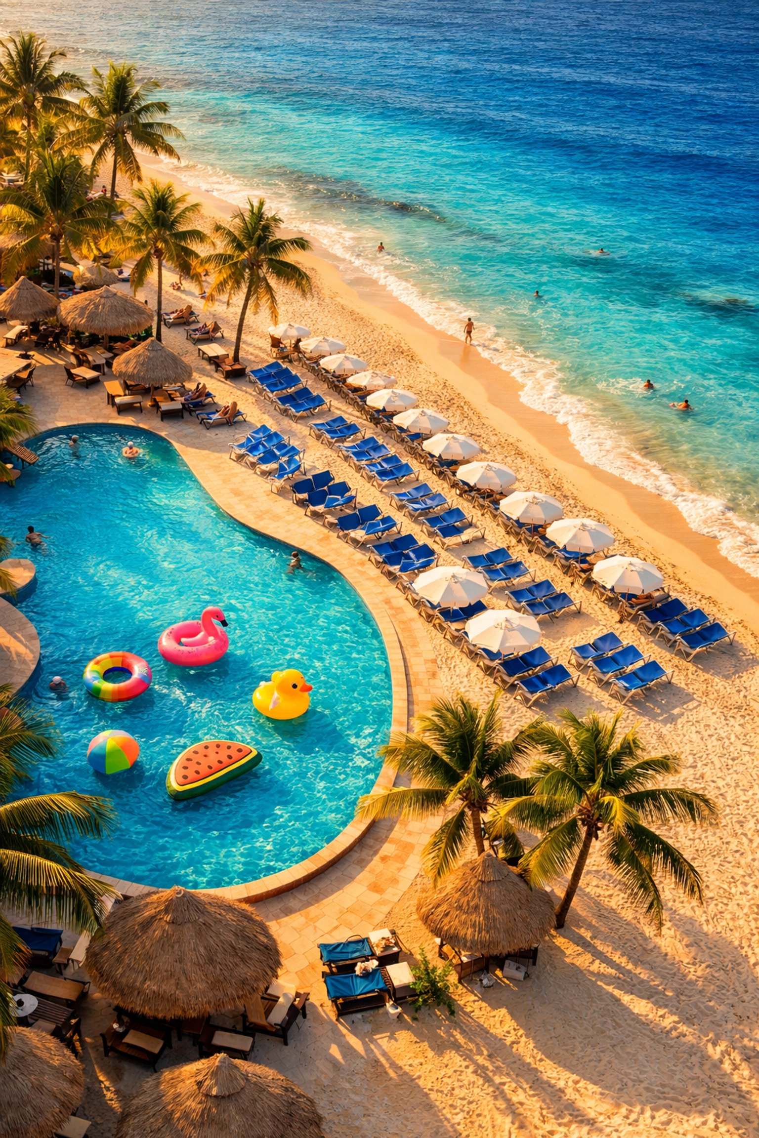 Paradise Beach Cozumel aerial view showing pool area and white sand beach with turquoise water