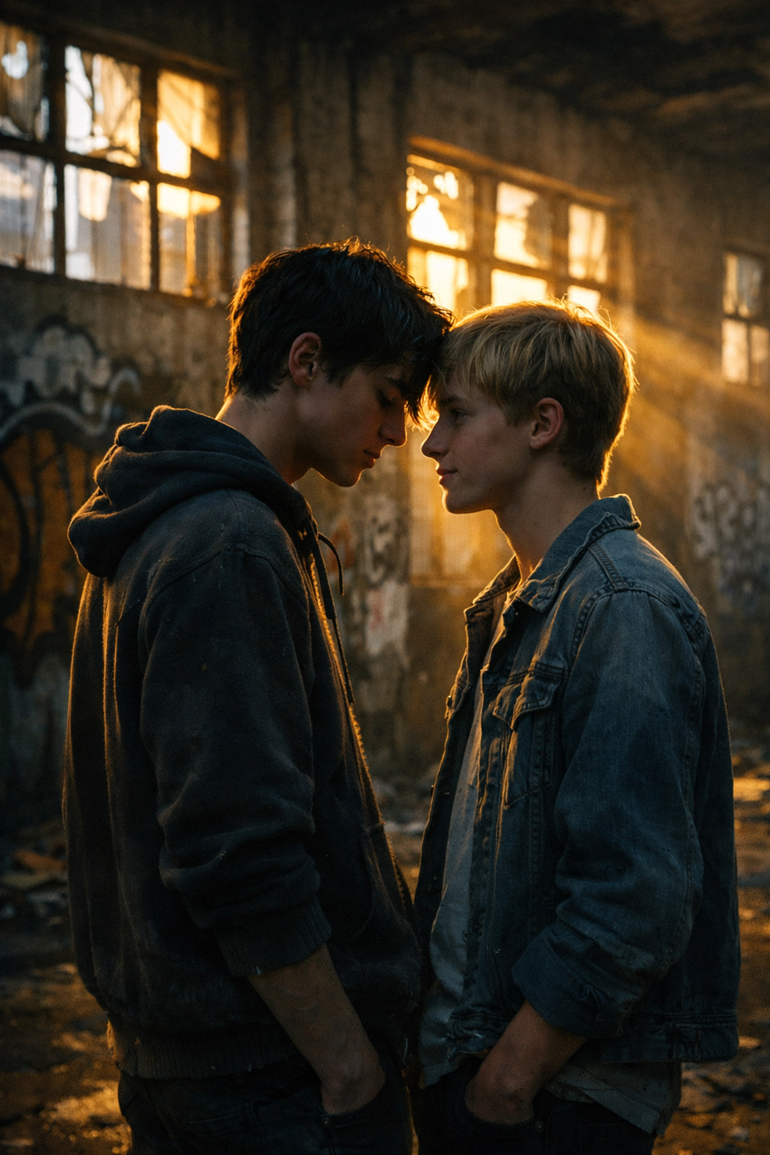 Two young men in forbidden love in abandoned Glasgow building from Young Mungo MM romance novel