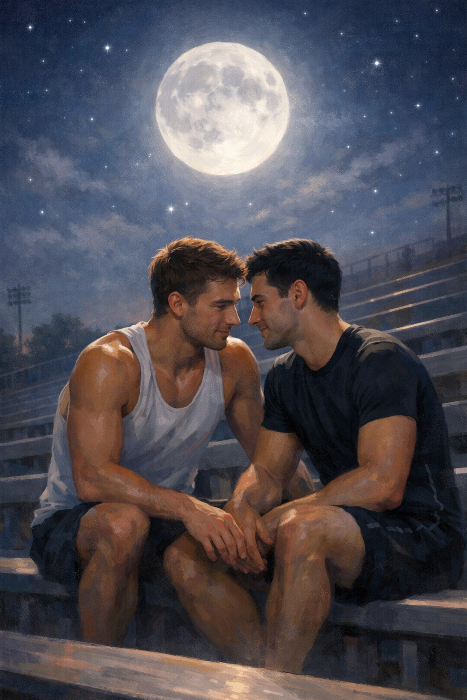 Gay athletes Marcus and Leo share intimate moment under moonlight on stadium bleachers