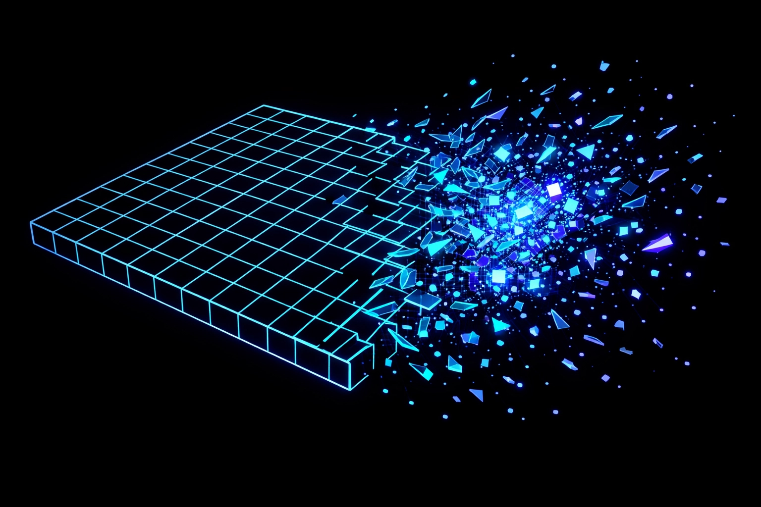 Abstract neon grid fracturing into digital chaos representing AI context loss and token waste in development.