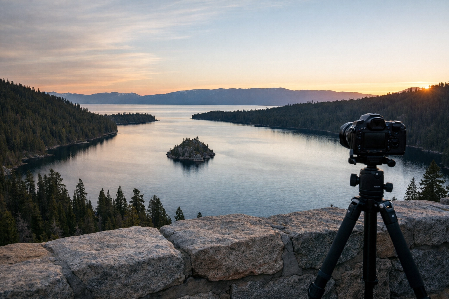 Photographer capturing a sunrise at Emerald Bay, one of the best Lake Tahoe photography locations.