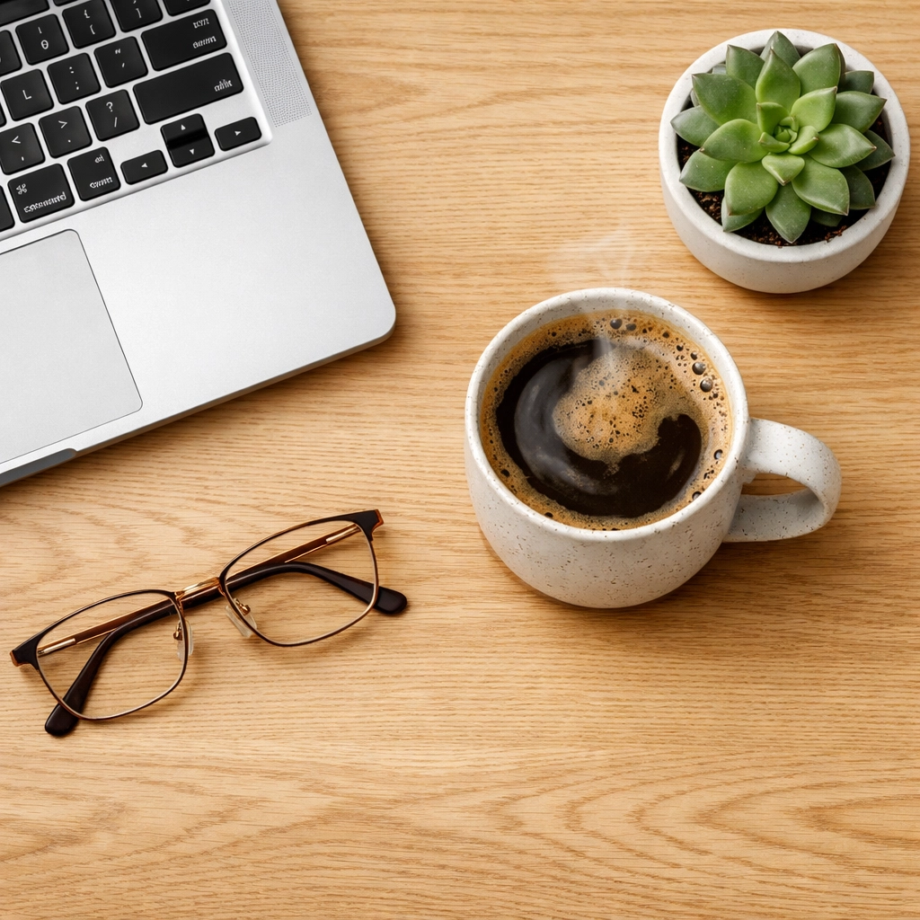 Modern office desk with a laptop representing transparent Islamic mortgage planning and costs.