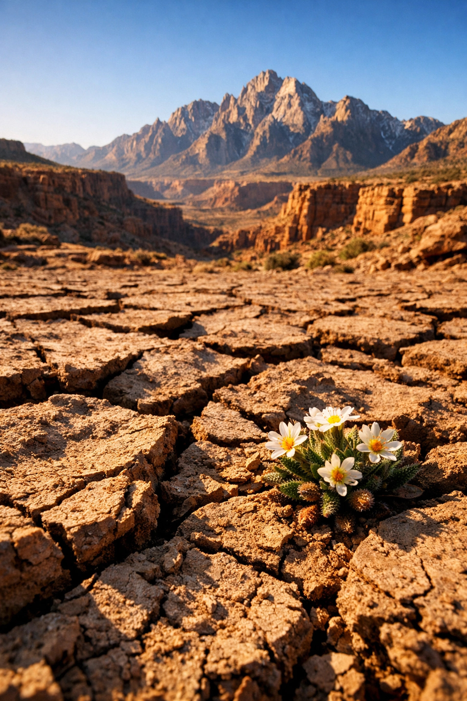Low-angle landscape photography of a desert flower and cracked earth leading toward a vast mountain canyon.