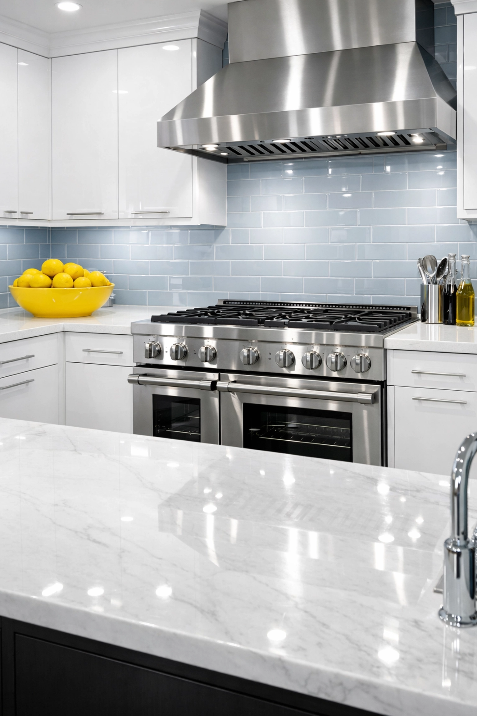 Sanitized modern kitchen in Acton featuring a grease-free range and gleaming marble island surfaces.