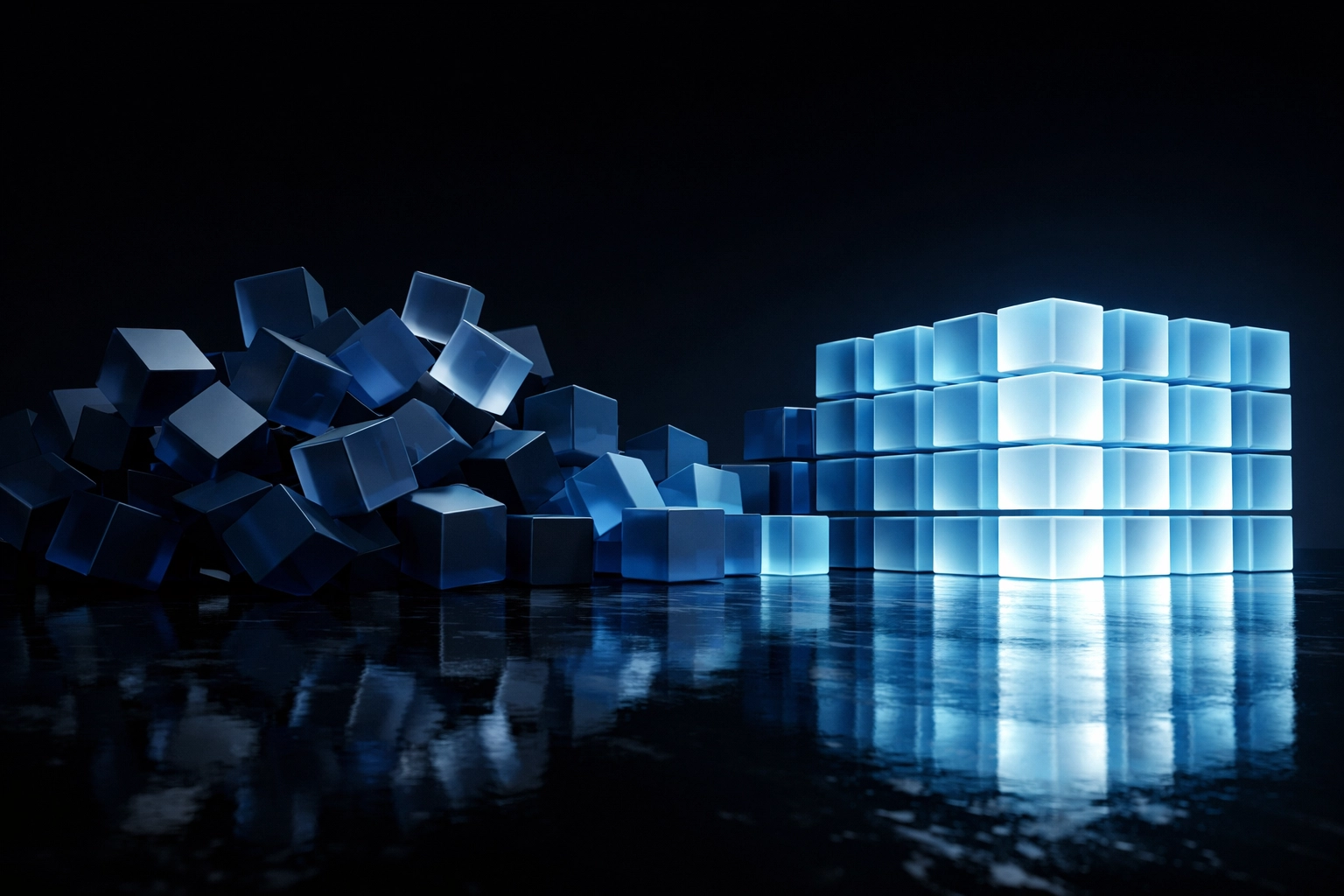 Blue architectural cubes aligning to show organized small business bookkeeping and financial structure.
