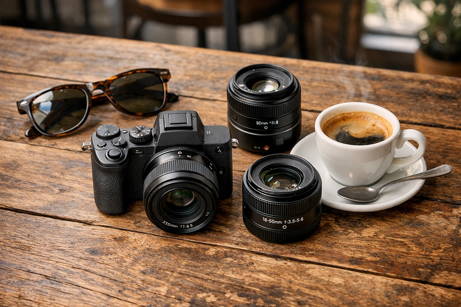 Compact AI-powered mirrorless tech and lenses on a cafe table for travel photography.