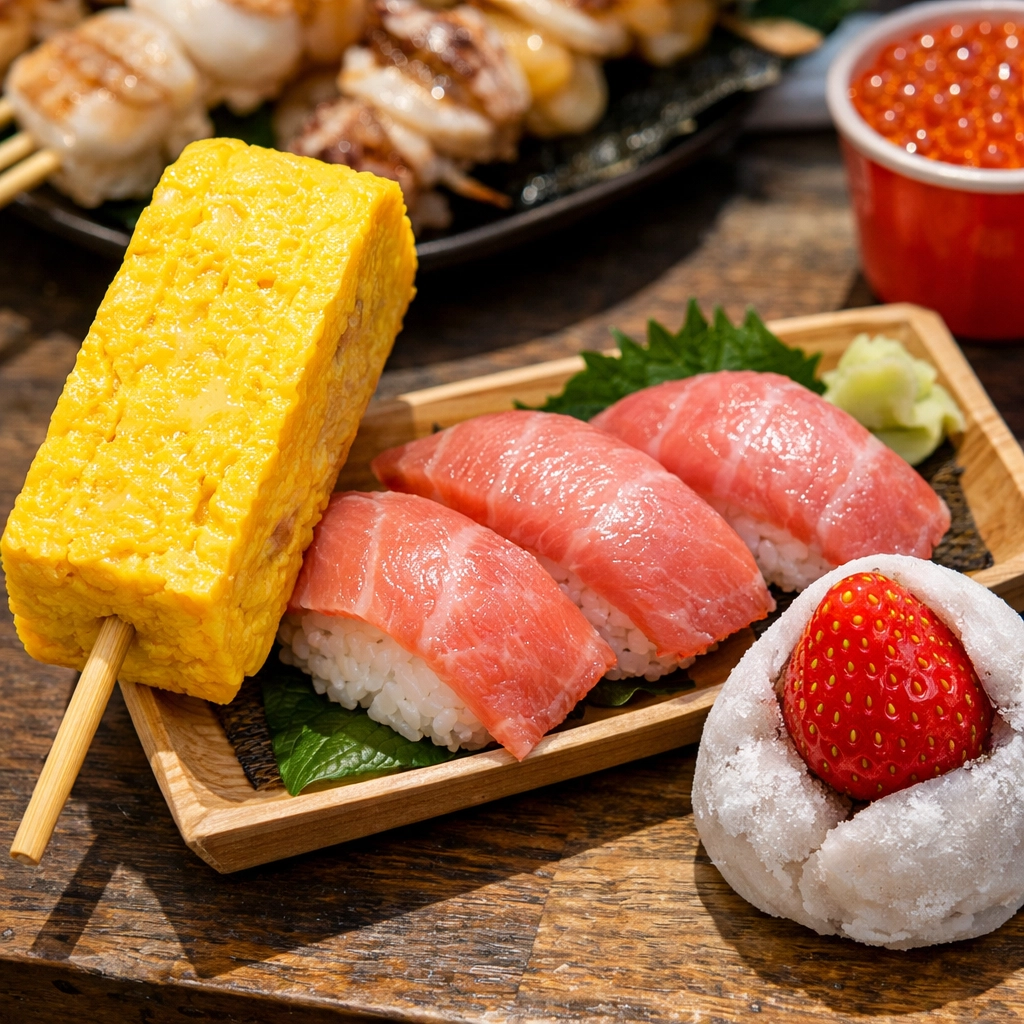A delicious spread of Tsukiji street food featuring tamagoyaki and fresh fatty tuna sushi for food photography.