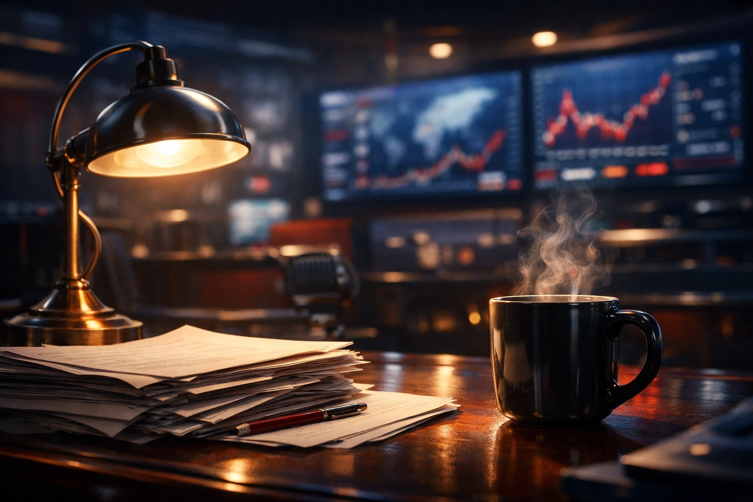 Evening newsroom desk with papers and coffee for calm news analysis