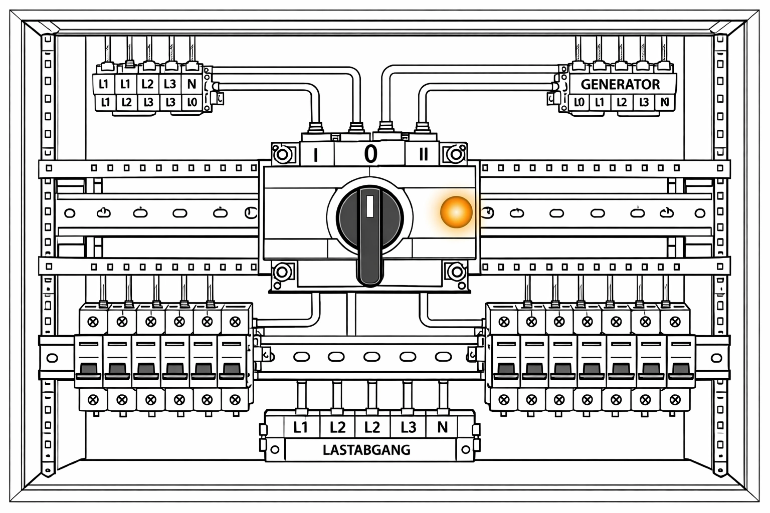 Technische Darstellung einer Notstrom-Umschalteinrichtung im Schaltschrank für Blackout-Sicherheit in Wien.