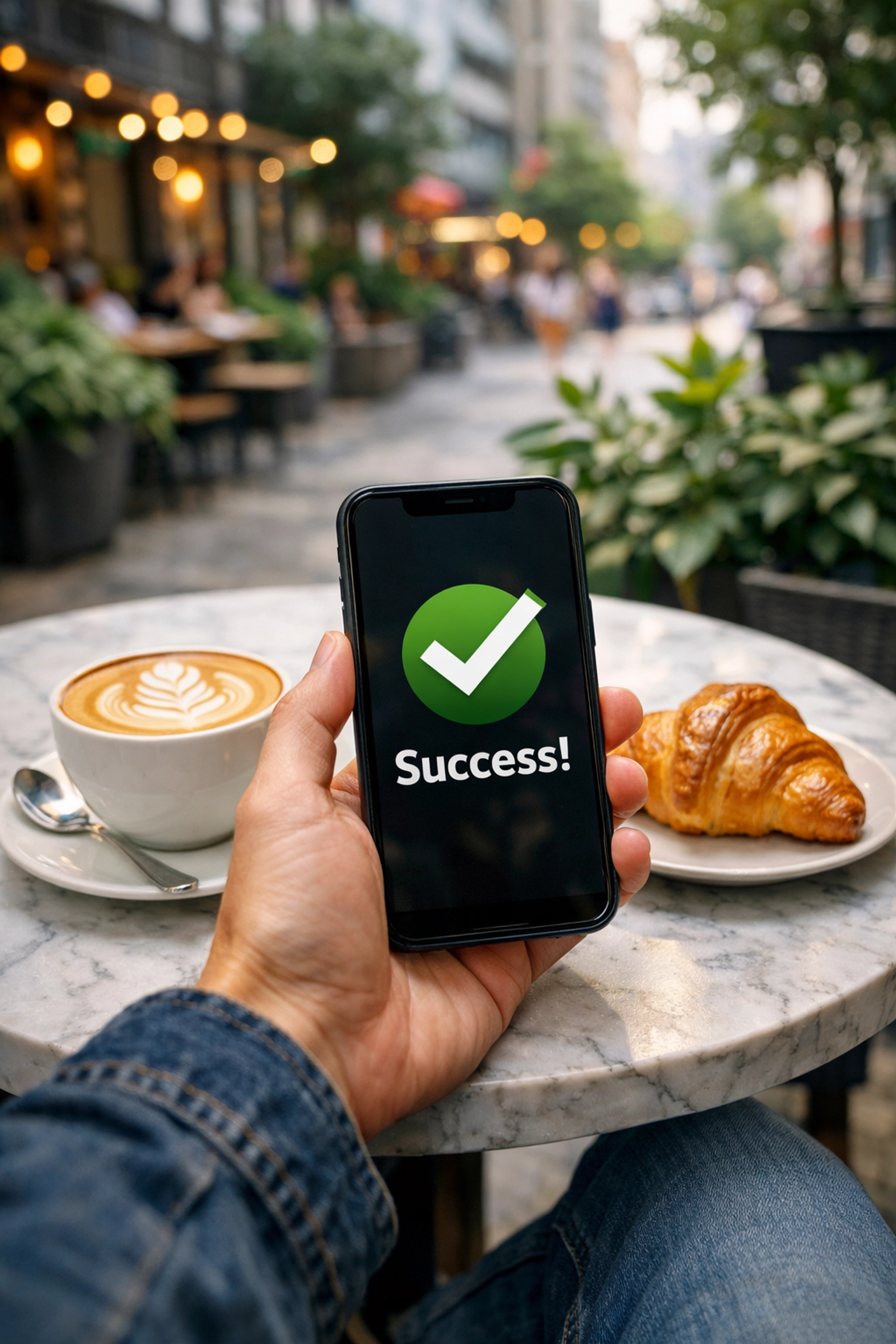 Successful PayPal cash-out notification on a smartphone during a coffee break, showing real money rewards.