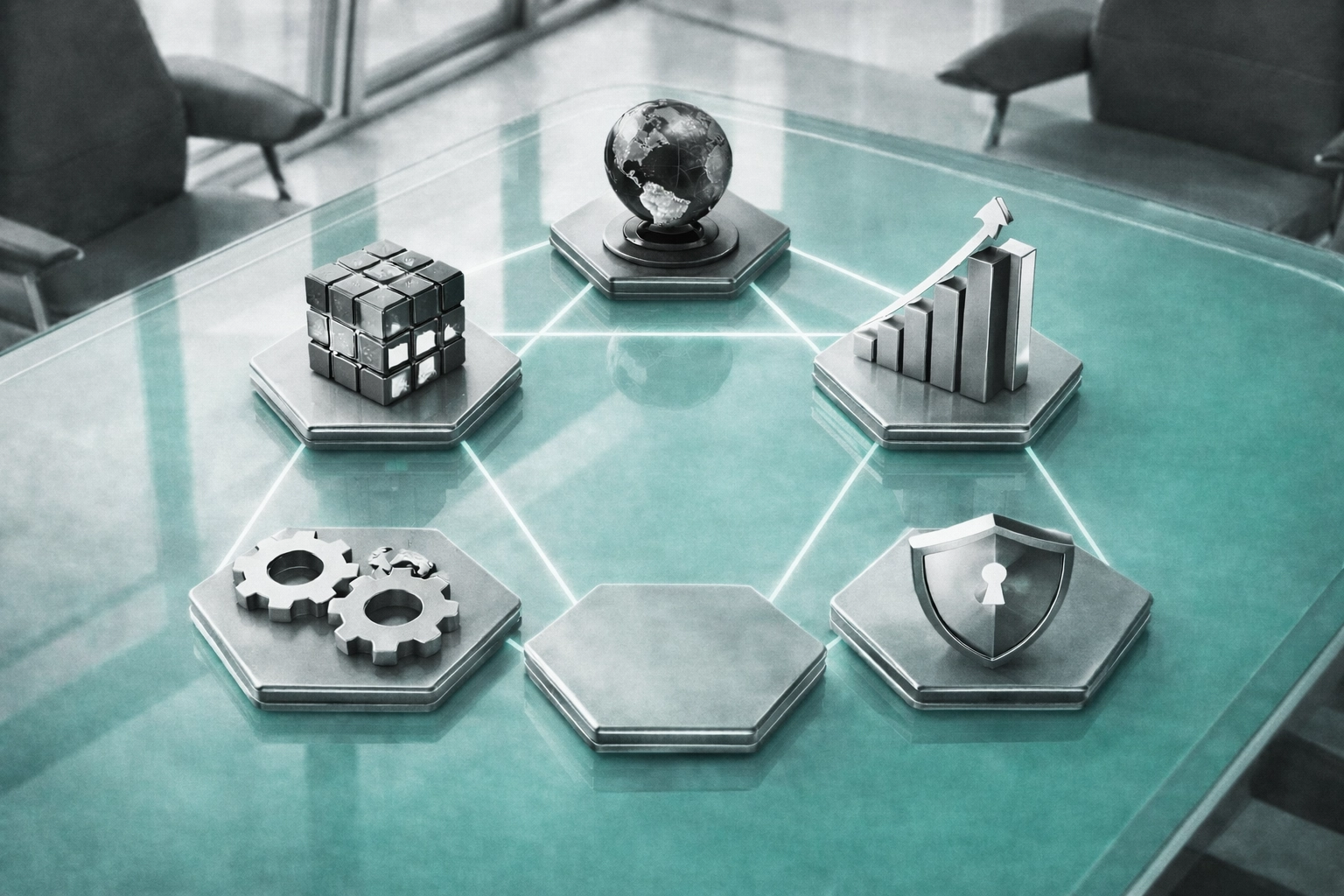 Modern boardroom table with six blue geometric objects symbolizing AI operating model components