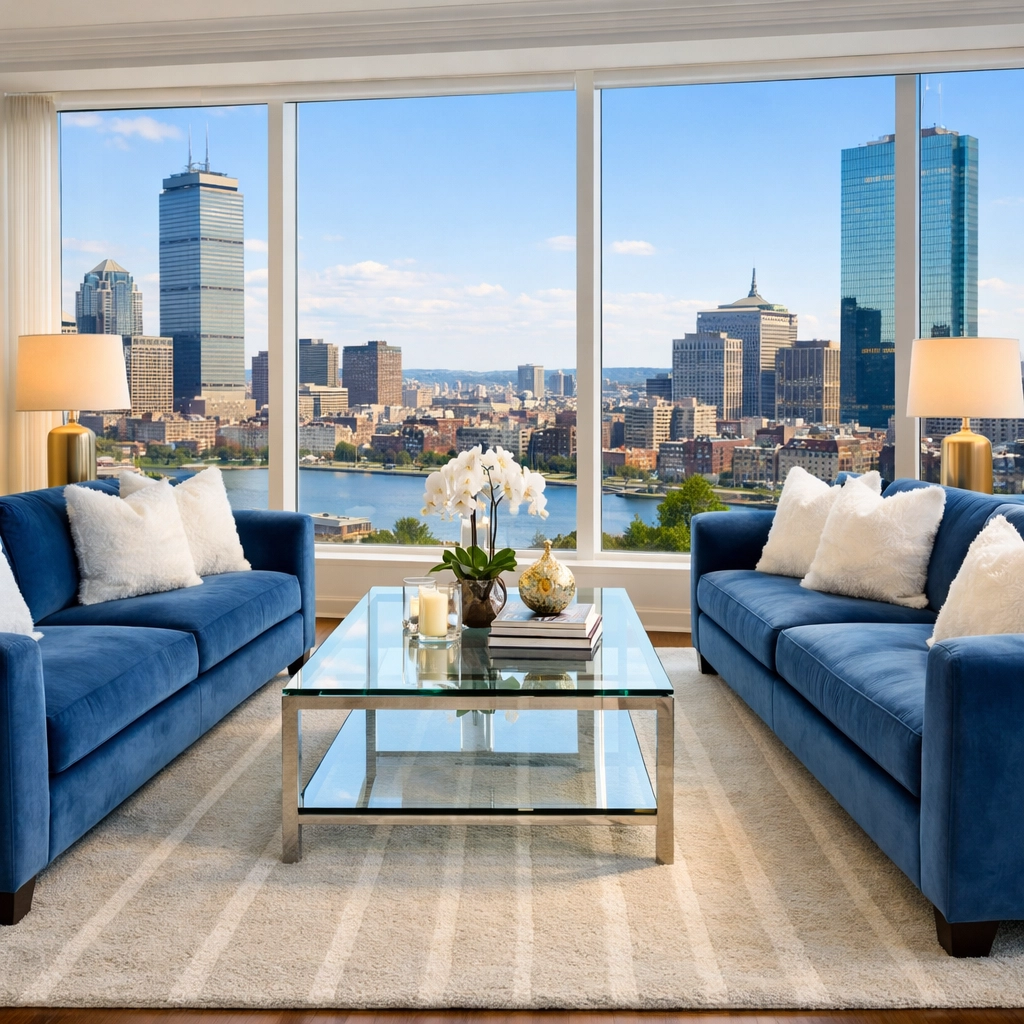 Elite apartment cleaning in Boston shown in a luxury living room with a pristine city skyline view.
