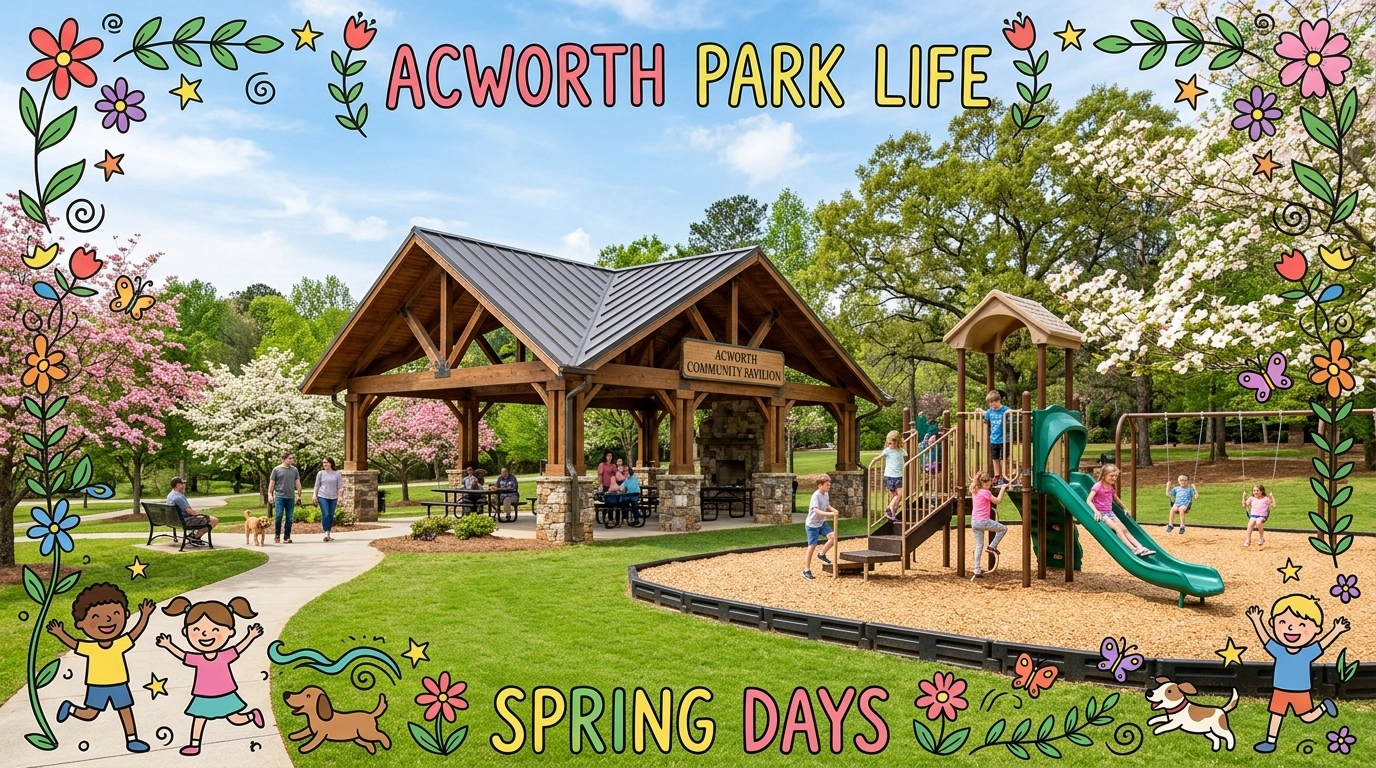 A sunny park scene in Acworth with children playing and a craftsman pavilion, featuring hand-drawn frame accents