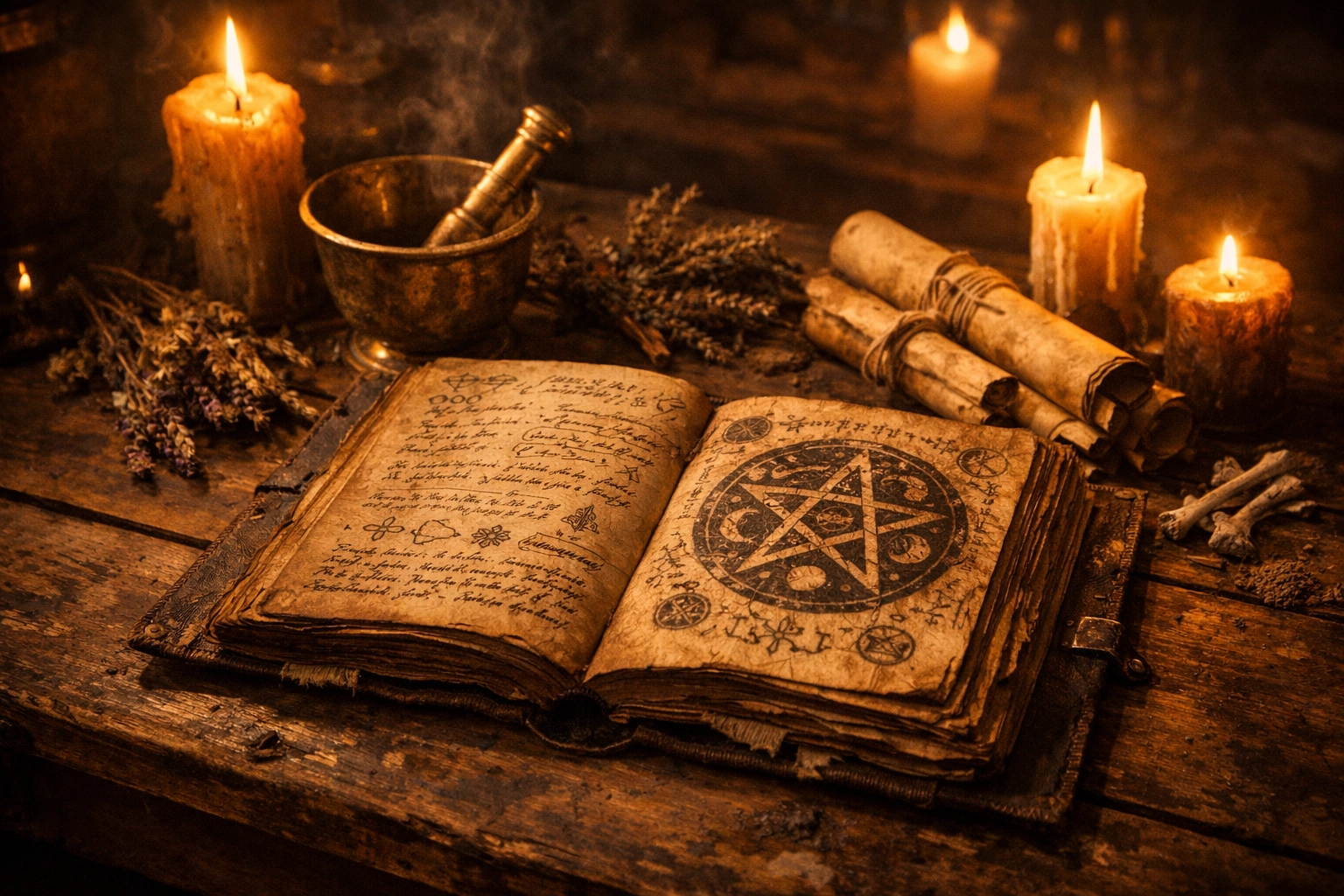 Ancient grimoire and ritual tools by candlelight representing traditional witchcraft wisdom
