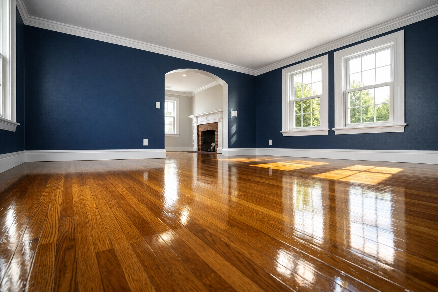 Clean empty living room in Stow MA with polished hardwood floors after professional house cleaning services.