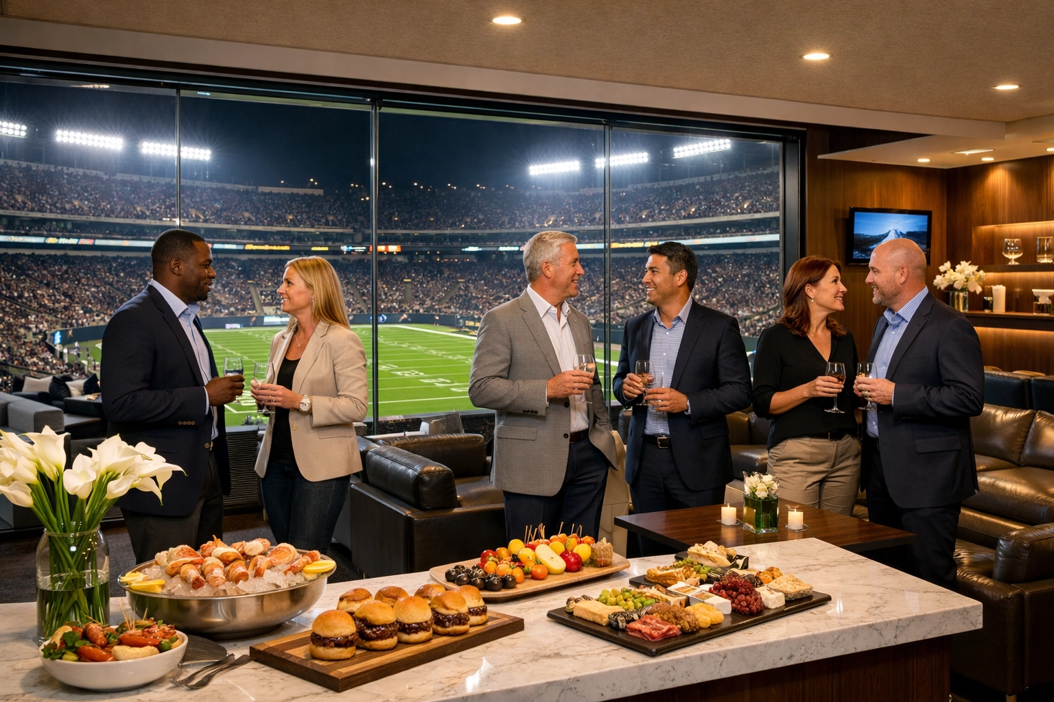 Executives networking in a luxury corporate stadium suite during a Super Bowl hospitality event.