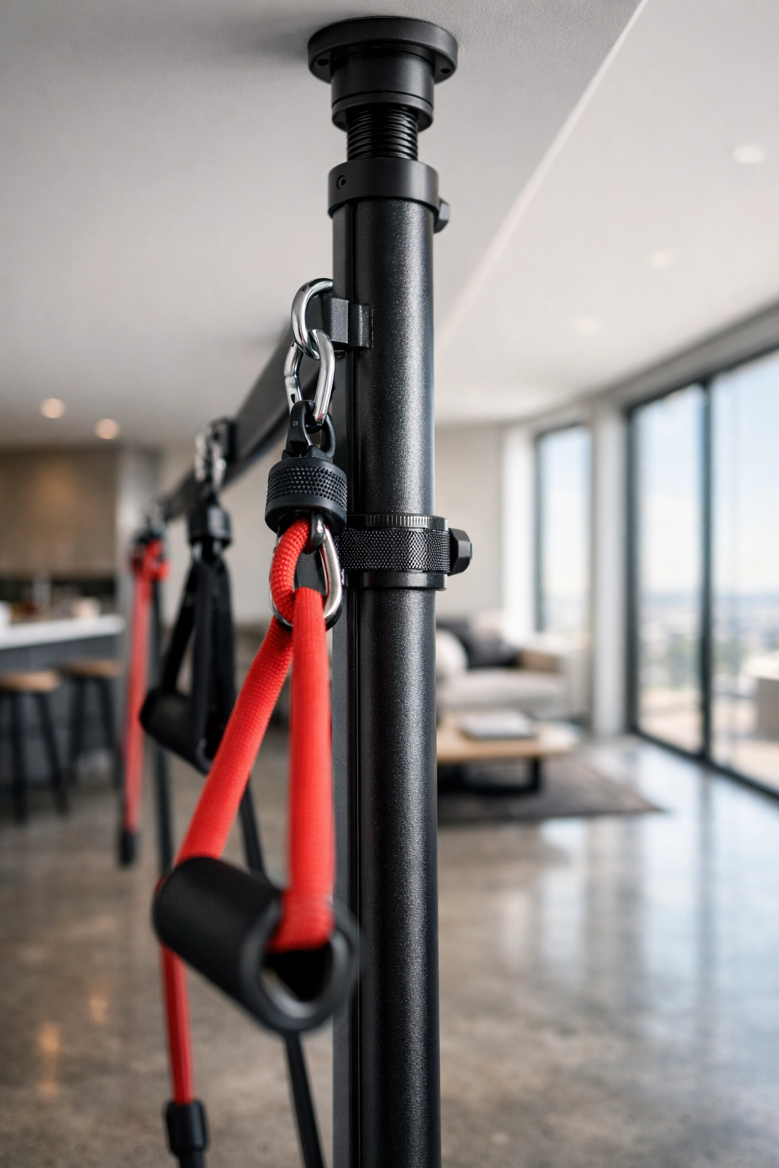 A versatile home gym setup featuring the Resistance Rail anchored with professional resistance bands.