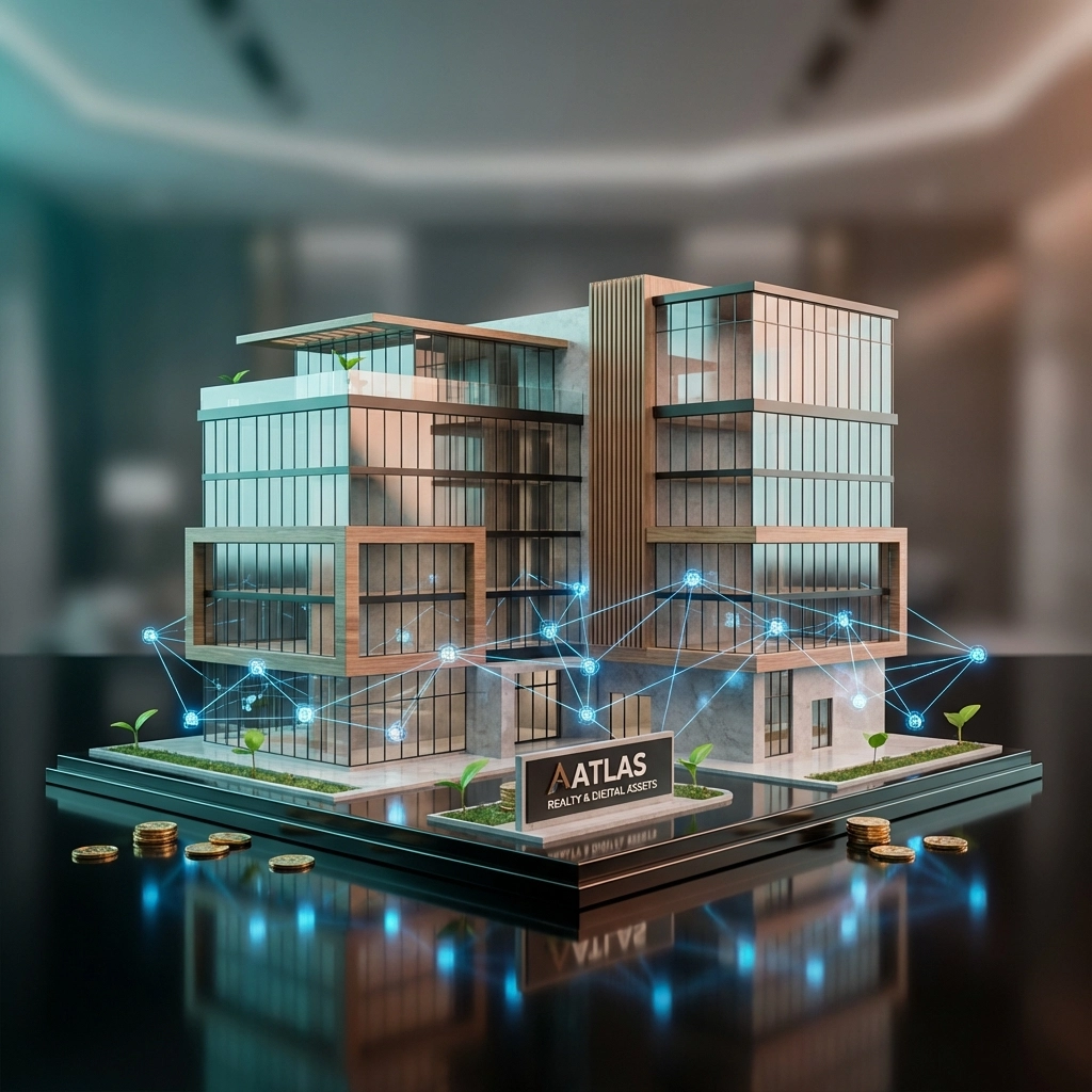Luxury building model surrounded by gold coins and blockchain elements, showing modern real estate and digital asset fusion.