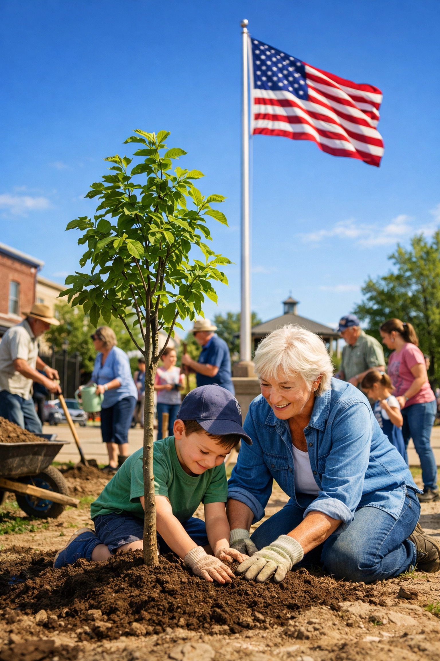 Community members planting a tree in a town square to demonstrate active civic responsibility.
