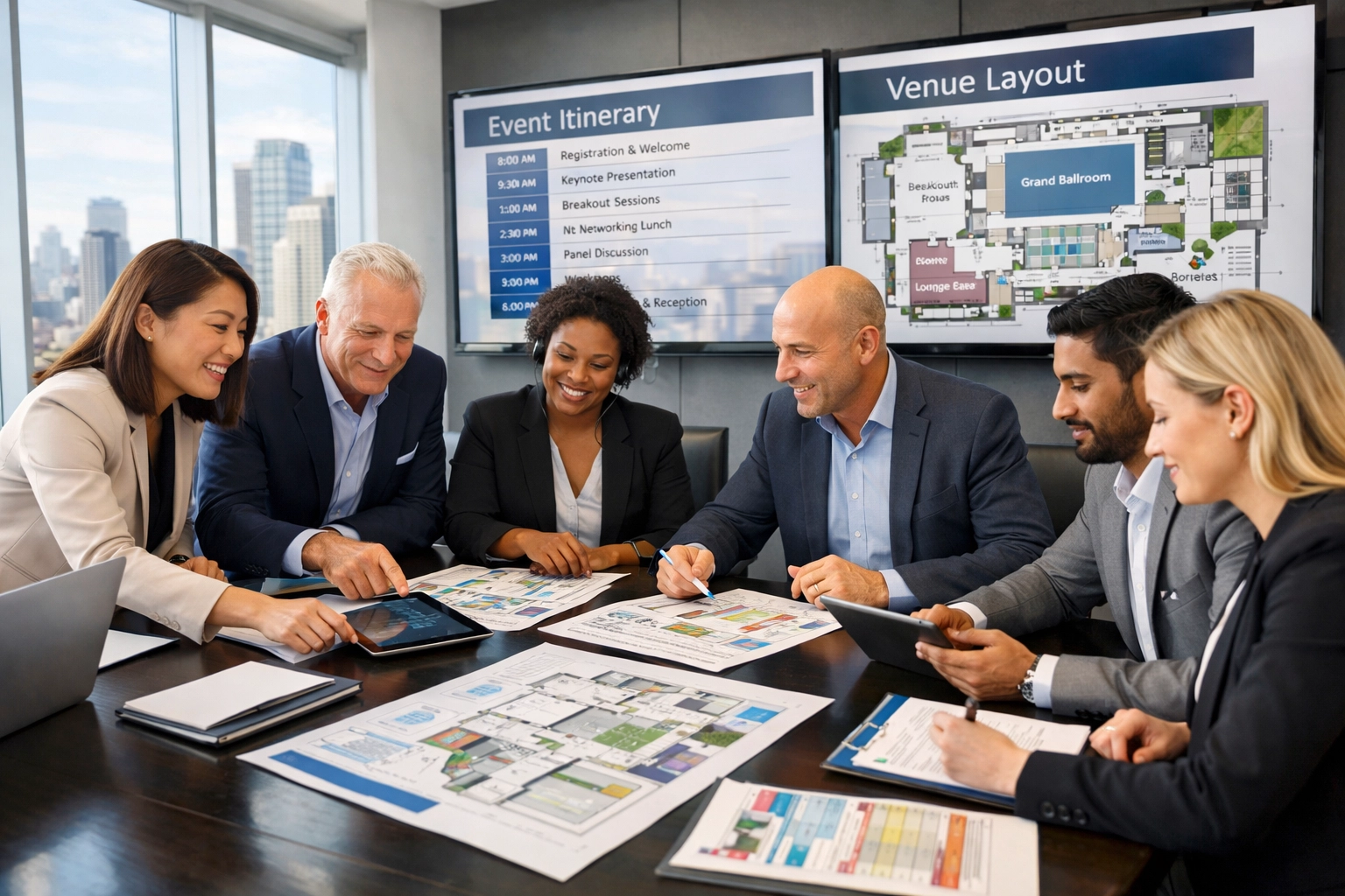 Corporate event planning team strategizing Super Bowl hospitality logistics