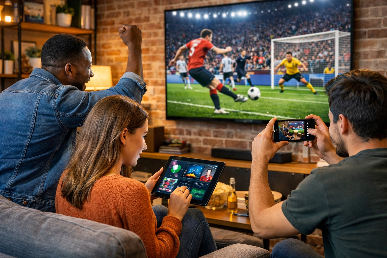 Sports fans using multi-platform devices to engage with digital media content and live events.