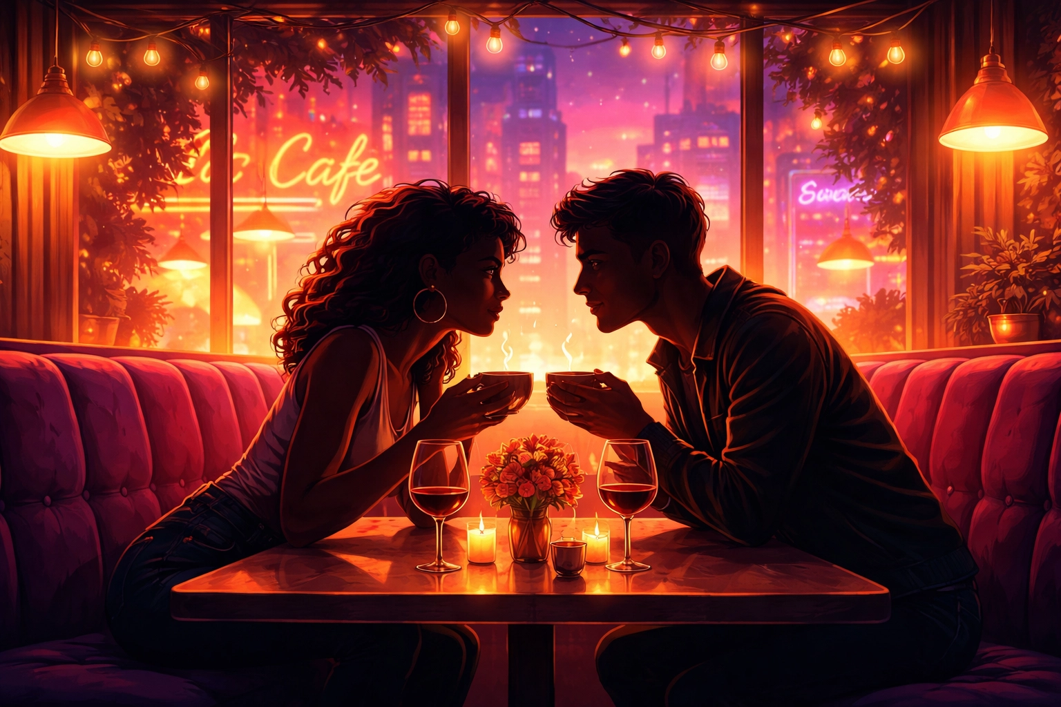 A couple enjoys intimate conversation over coffee in a cozy neon-lit café, illustrating the importance of low-pressure talks about intimacy.