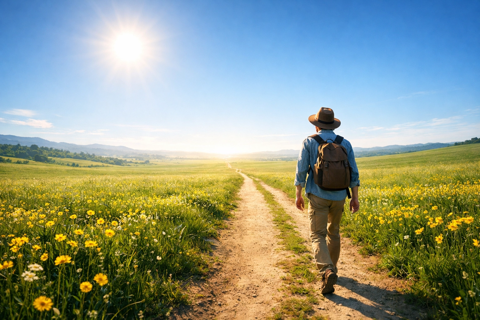 A person walking a sun-drenched path through a field, symbolizing a hopeful journey of faith.