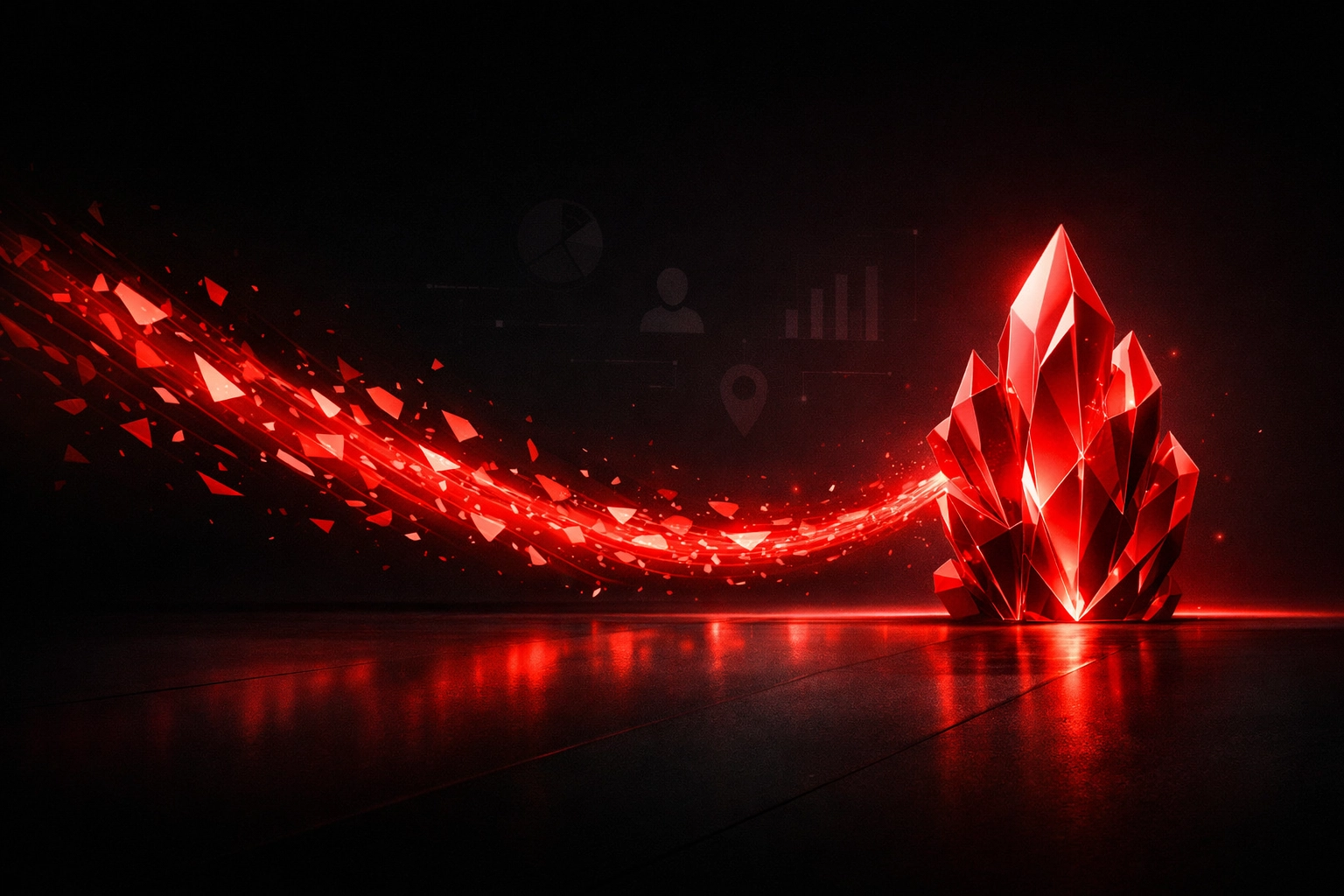 Digital stream of red data shards forming a personalized and adaptive customer journey structure.