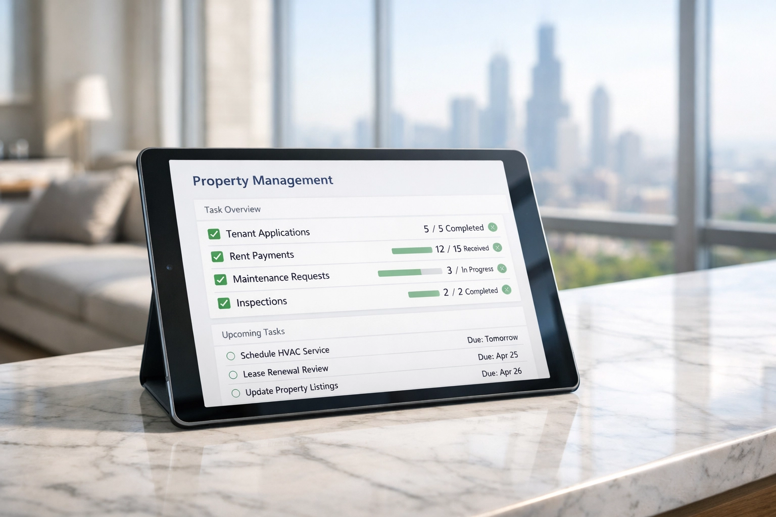 Digital property management cleaning checklist on a tablet overlooking the Chicago skyline.