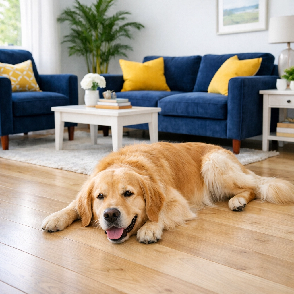 Pet-safe house cleaning Worcester MA featuring a happy dog on a spotless, eco-friendly hardwood floor.