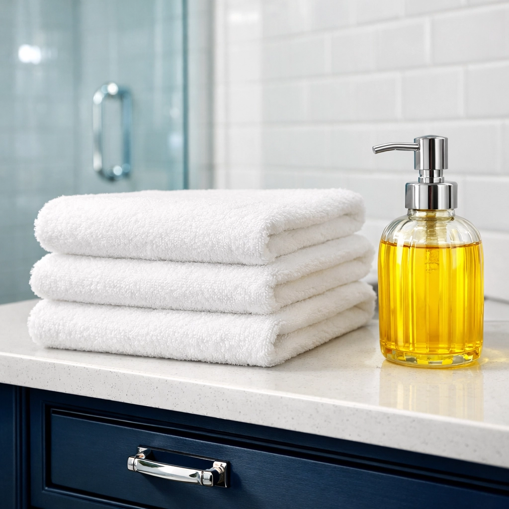 Sparkling clean bathroom vanity and glass door from professional cleaning Hingham specialists.