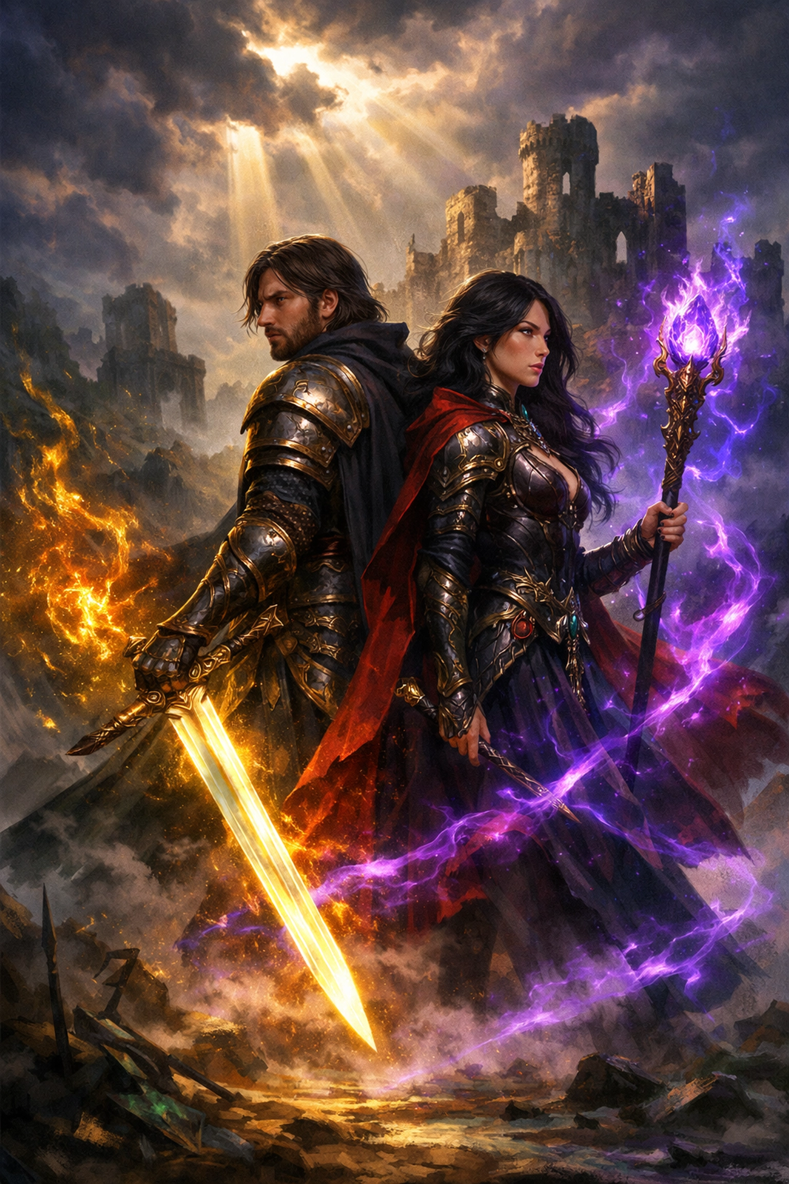 Fantasy warriors with swords depicting epic gay fantasy romance and adventure themes