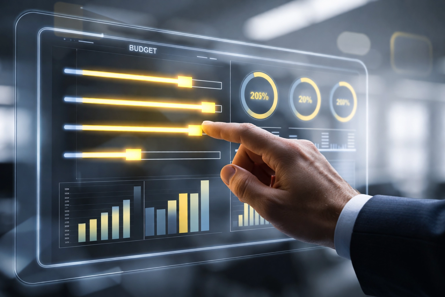 Professional adjusting digital advertising budget in real time on a modern touchscreen, emphasizing Amazon ads management