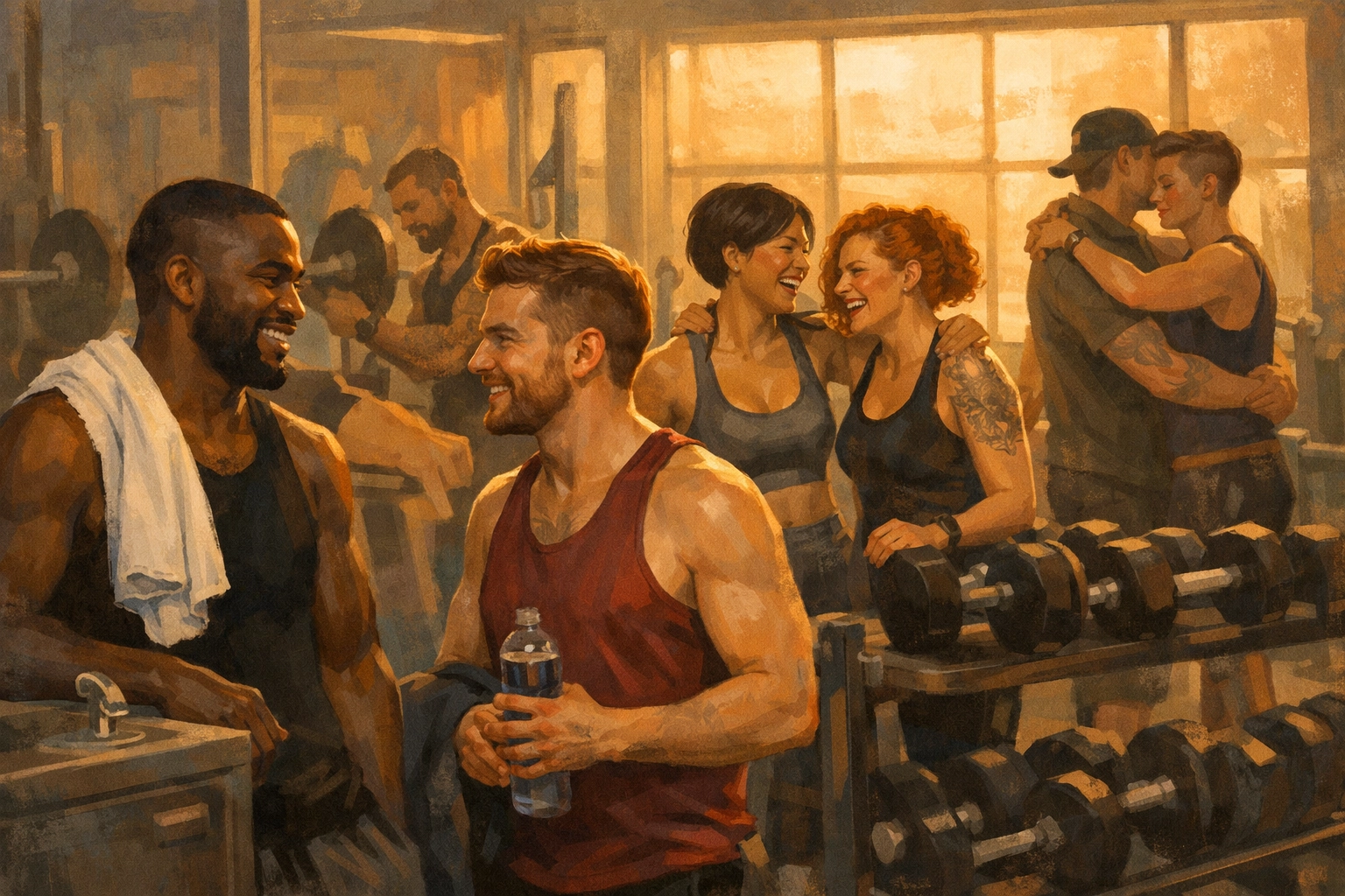 LGBTQ+ gym community members connecting and building friendships during workout sessions