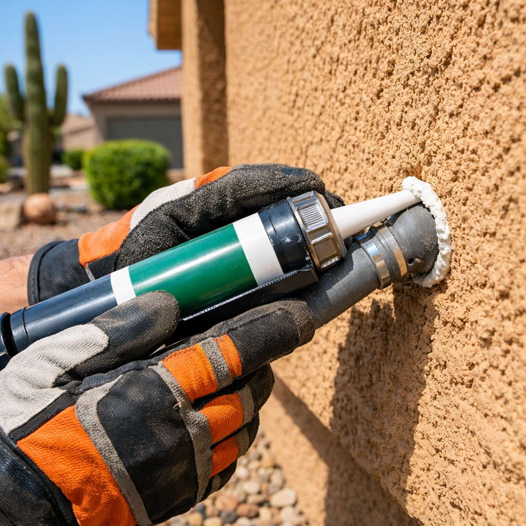 Technician sealing exterior wall gaps for effective scorpion control in Gilbert AZ during the spring season.