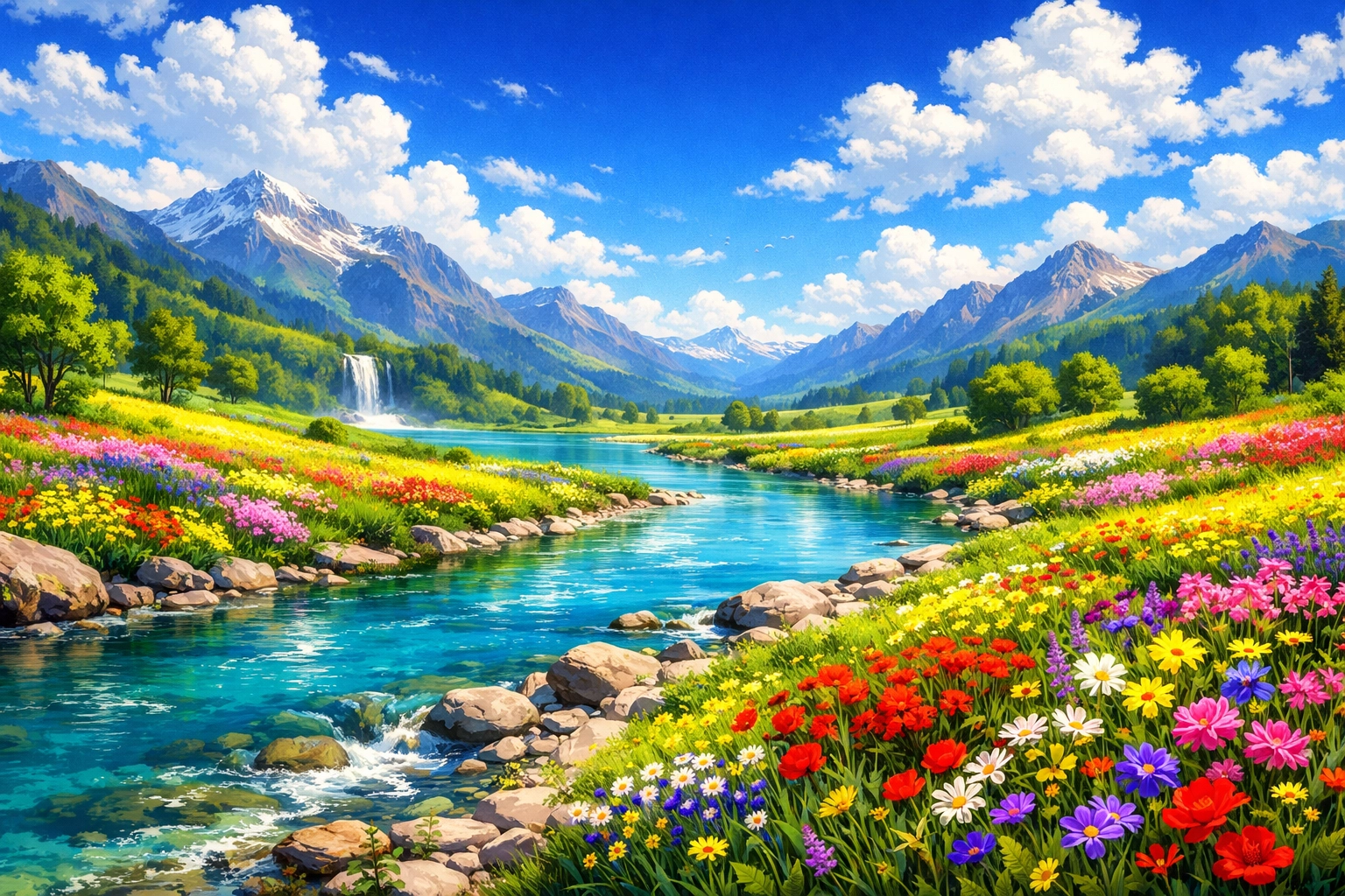 A peaceful, restored landscape with a clear river and wildflowers, representing the biblical promise of new life.