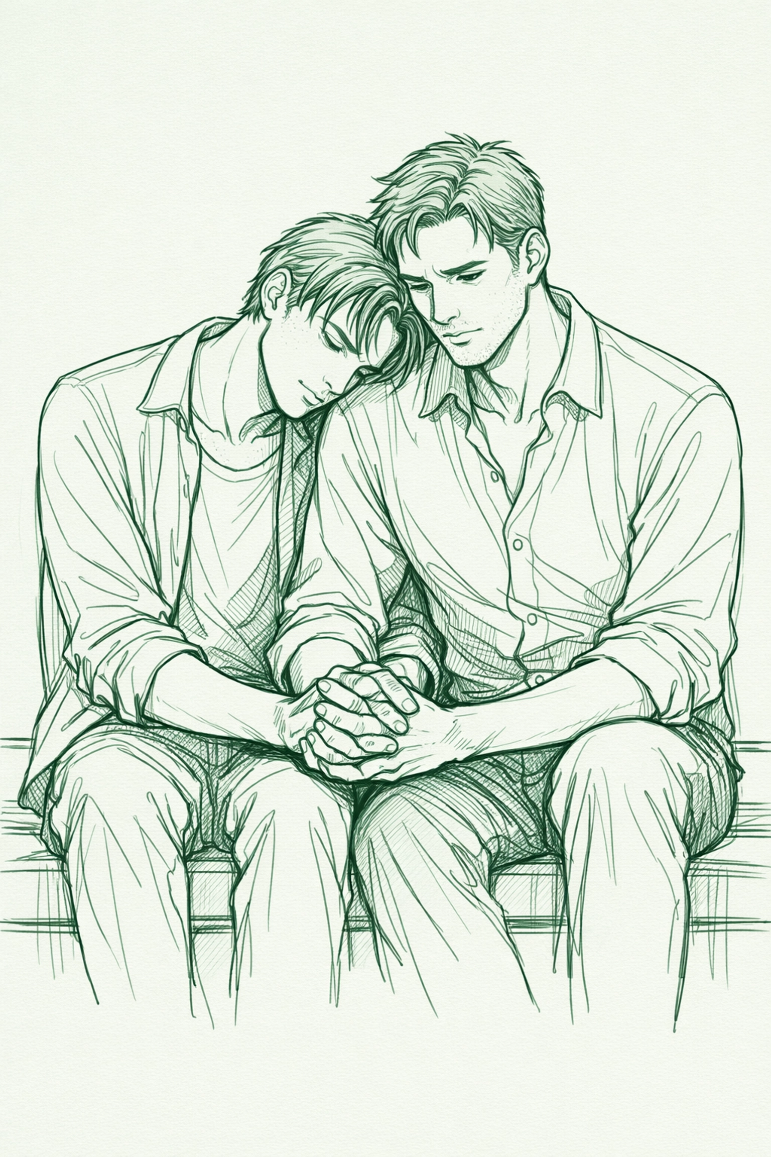 Romantic MM fiction drawing of two men sharing an intimate, emotional moment on a bench.