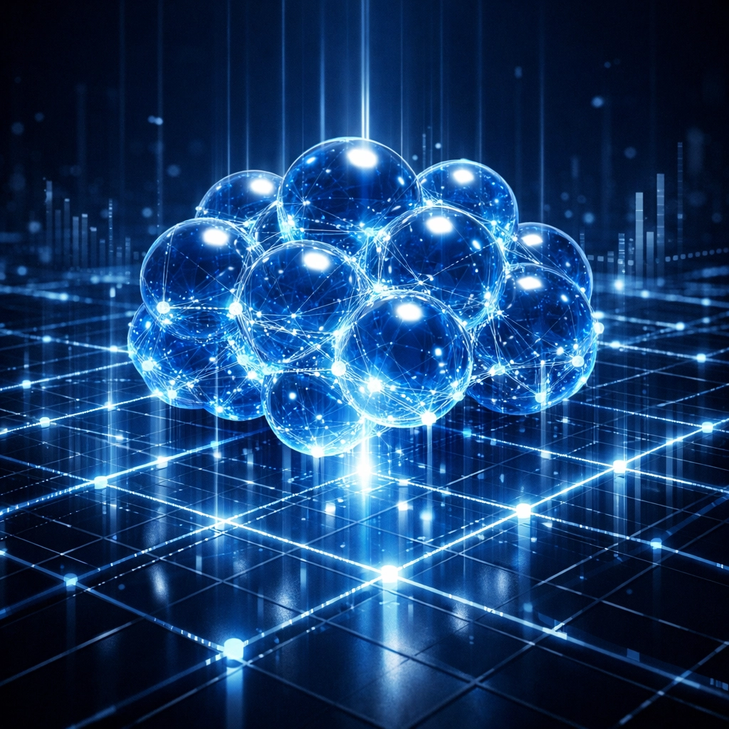 A glowing digital grid symbolizing AI-powered demand forecasting and automated multi-channel orchestration.