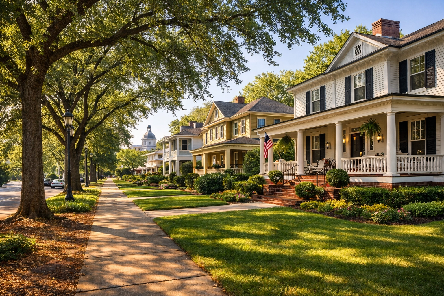 A scenic Columbia SC neighborhood street with classic Southern homes and mature oak trees.