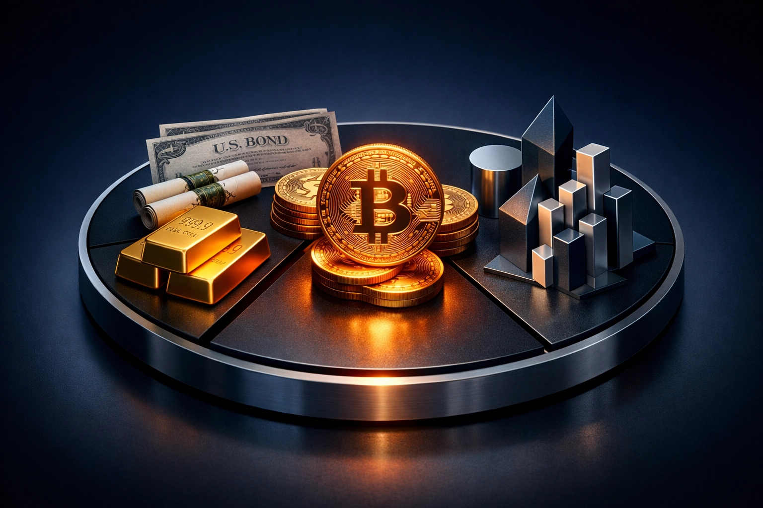 Portfolio diversification visualization showing traditional assets, Bitcoin, and hedge fund strategies