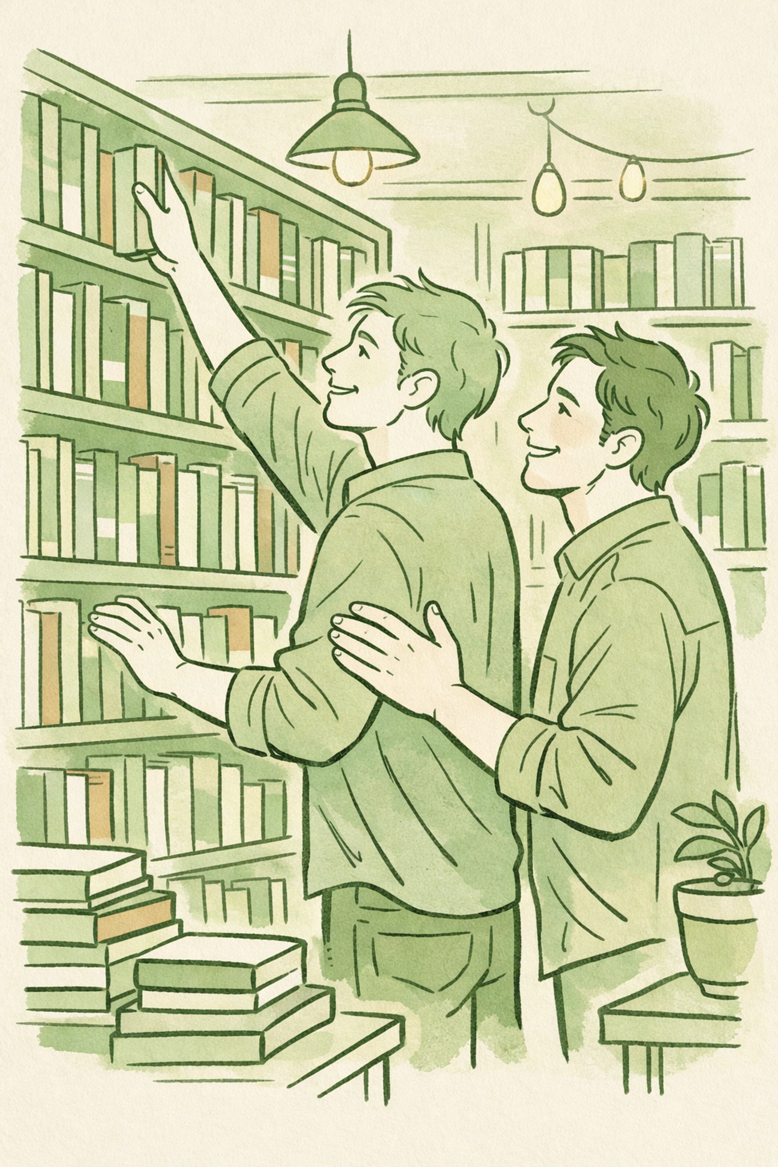 Men browse MM romance books in indie LGBTQ+ bookstore, discovering gay novels together