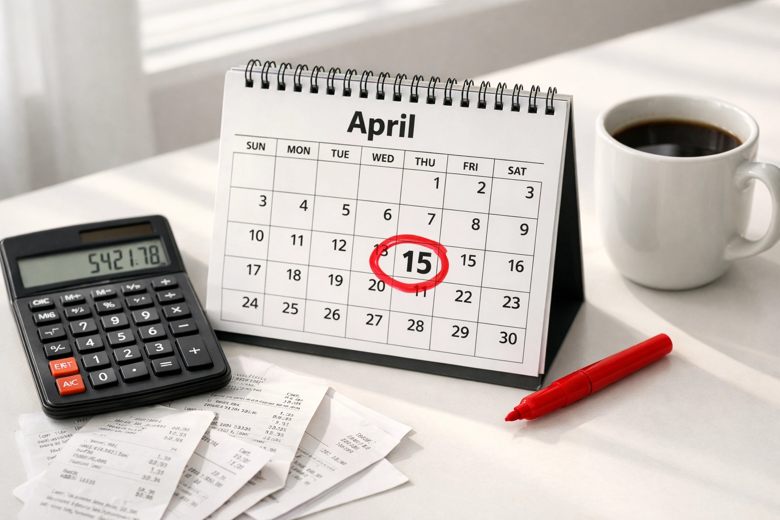 April 15th tax deadline circled on calendar with calculator and receipts for filing taxes