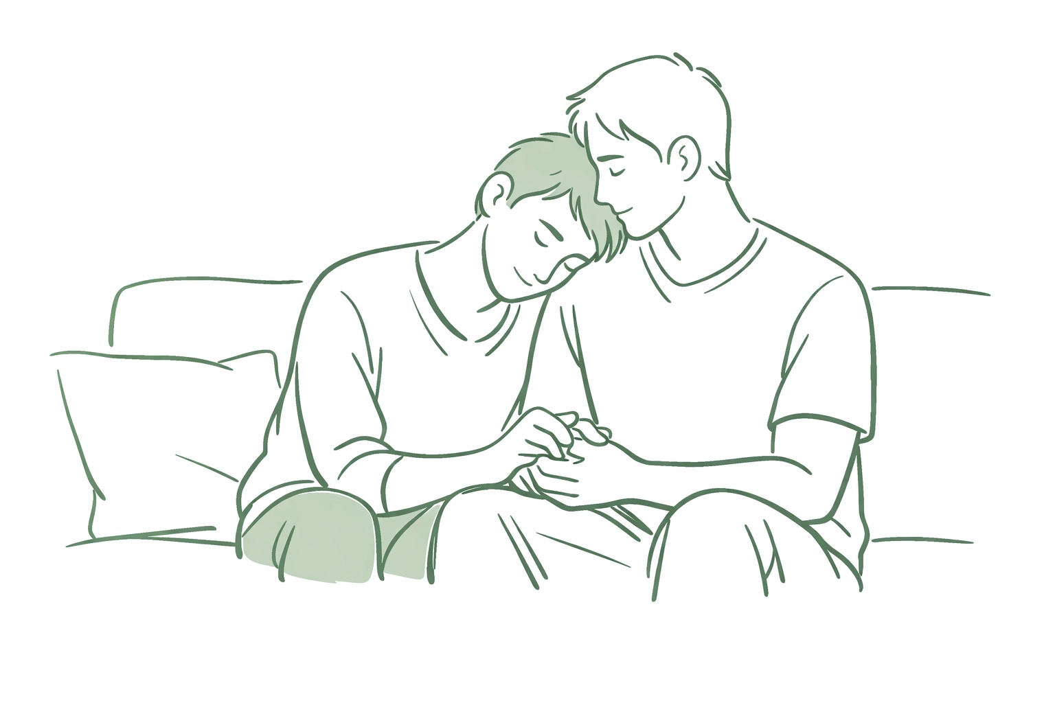 Minimalist illustration of a supportive MM couple sharing an emotional moment on a sofa.