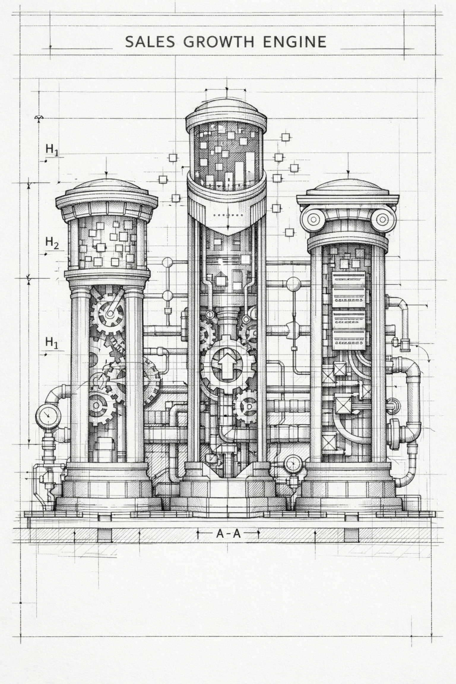 Blueprint diagram illustrating the structural pillars of an automated sales growth engine.