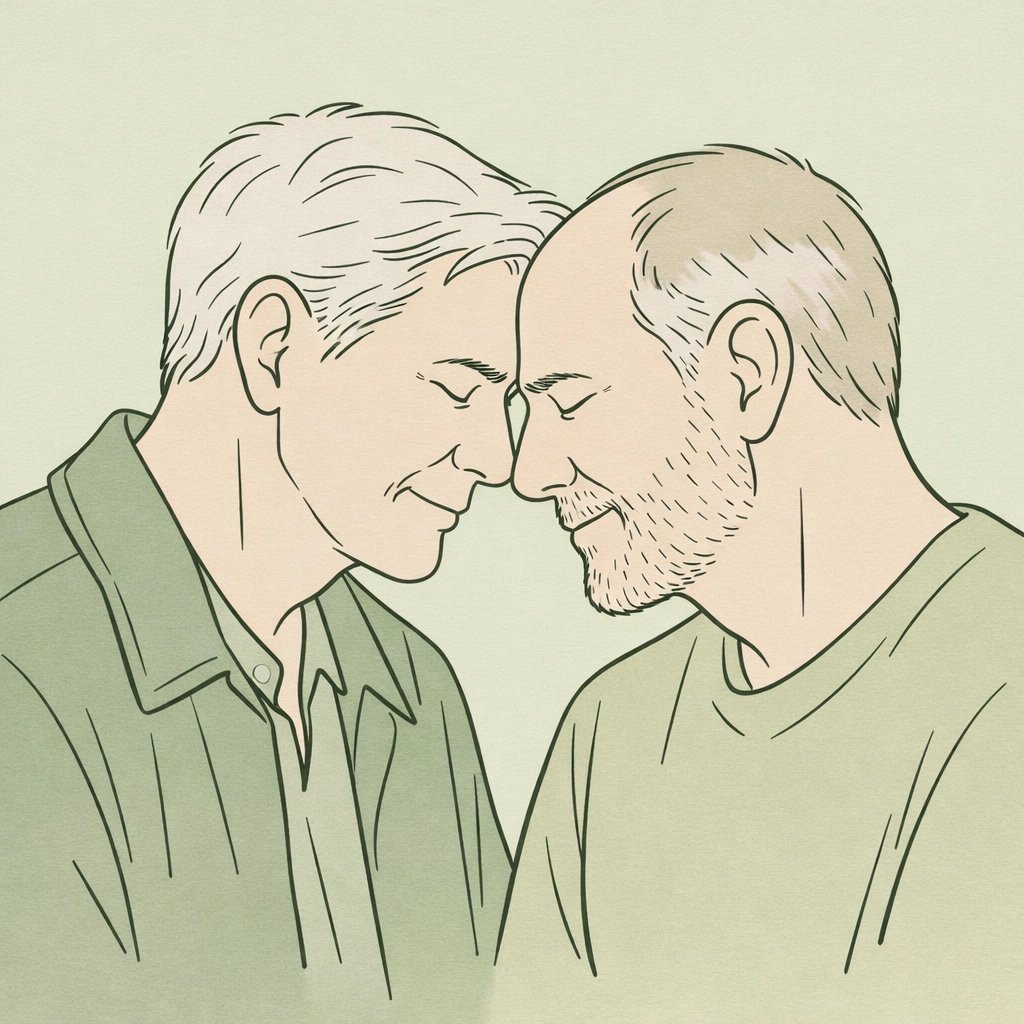 Mature gay couple in a moment of courage, illustrating the beauty of coming out later in life.
