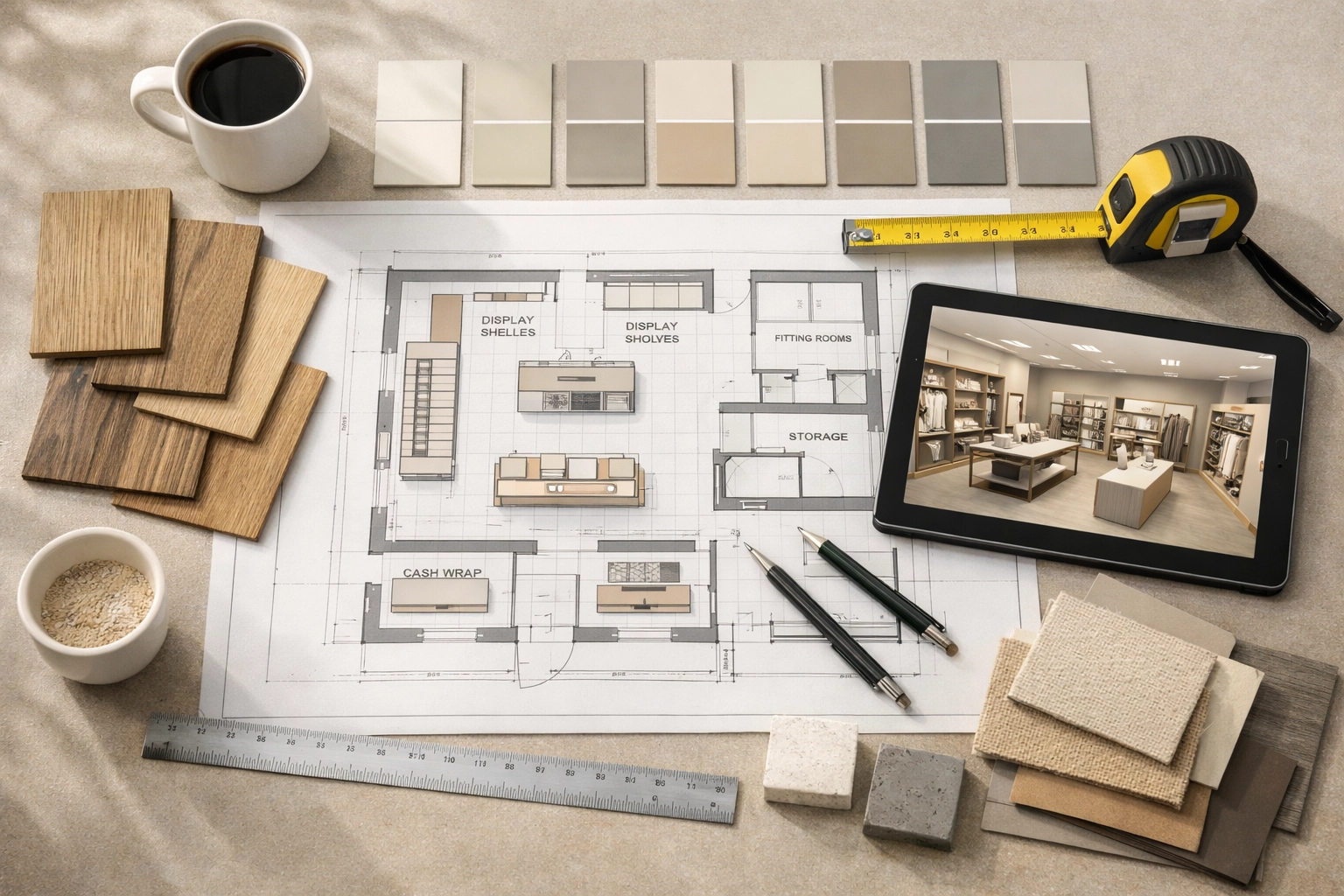 Retail remodel planning materials including blueprints, flooring samples, and digital store layout